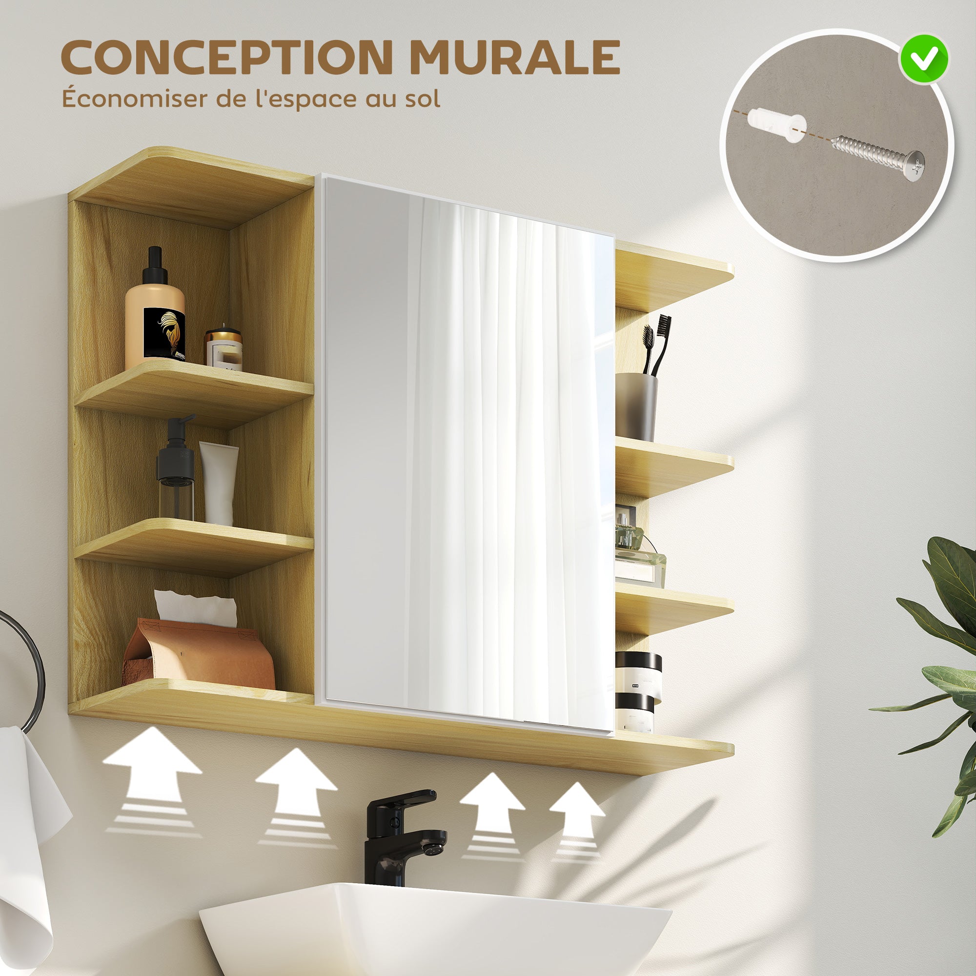 Armoire murale salle de bain avec miroir, meuble salle de bain, armoire de toilette avec étagères ouvertes, miroir avec rangement, 80 x 20 x 59 cm, effet bois naturel