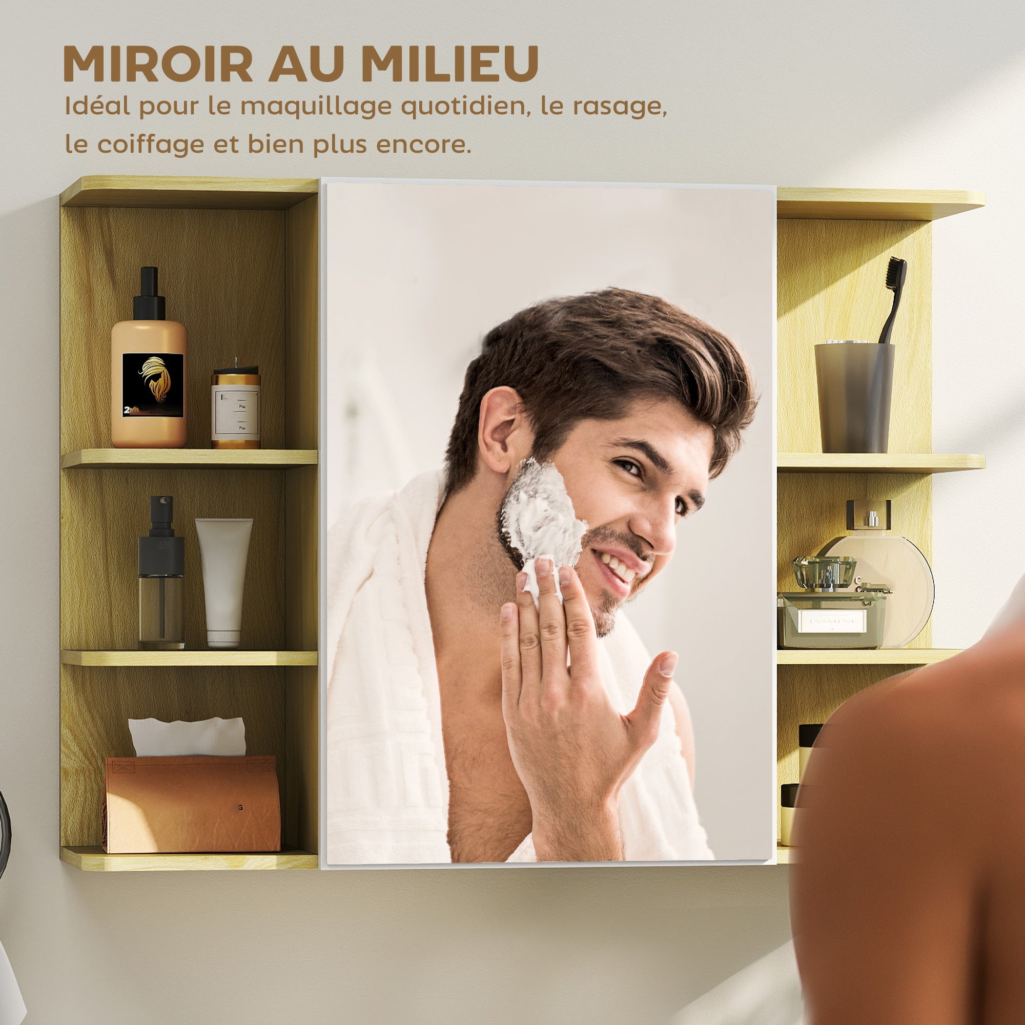 Armoire murale salle de bain avec miroir, meuble salle de bain, armoire de toilette avec étagères ouvertes, miroir avec rangement, 80 x 20 x 59 cm, effet bois naturel