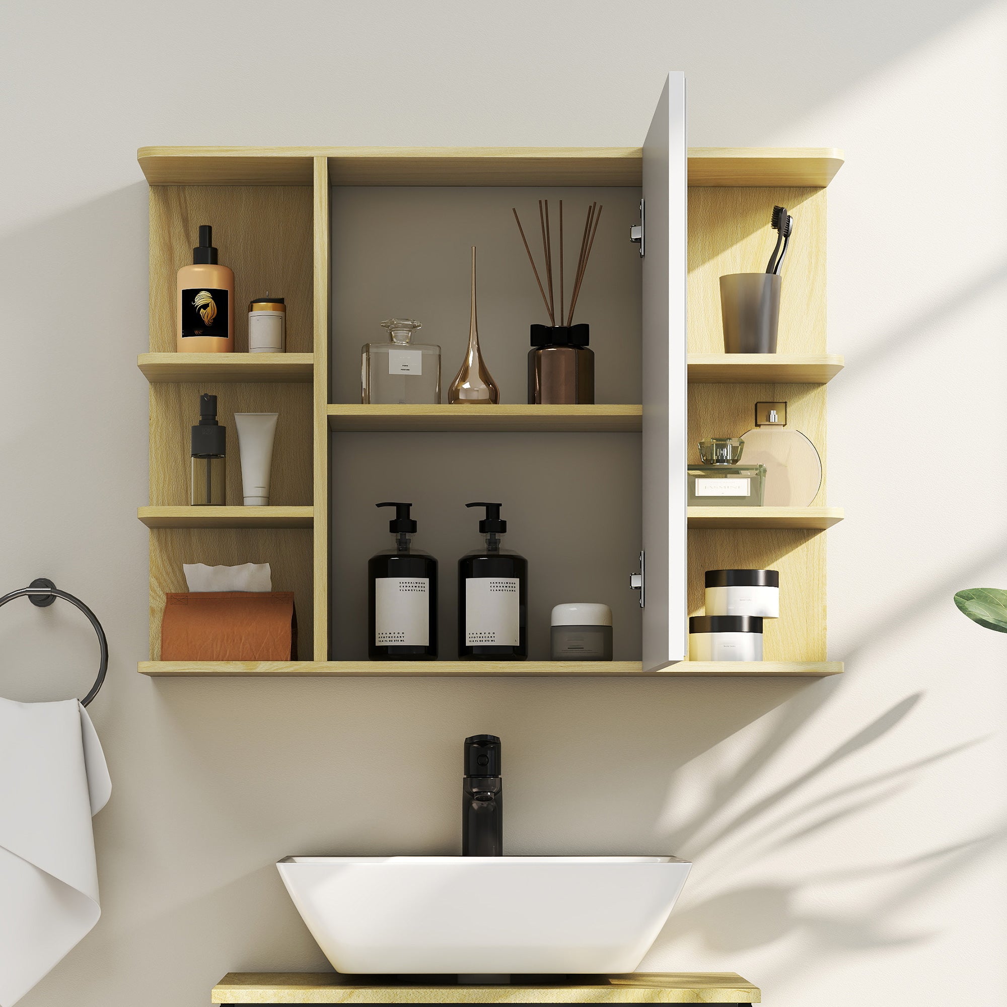 Armoire murale salle de bain avec miroir, meuble salle de bain, armoire de toilette avec étagères ouvertes, miroir avec rangement, 80 x 20 x 59 cm, effet bois naturel