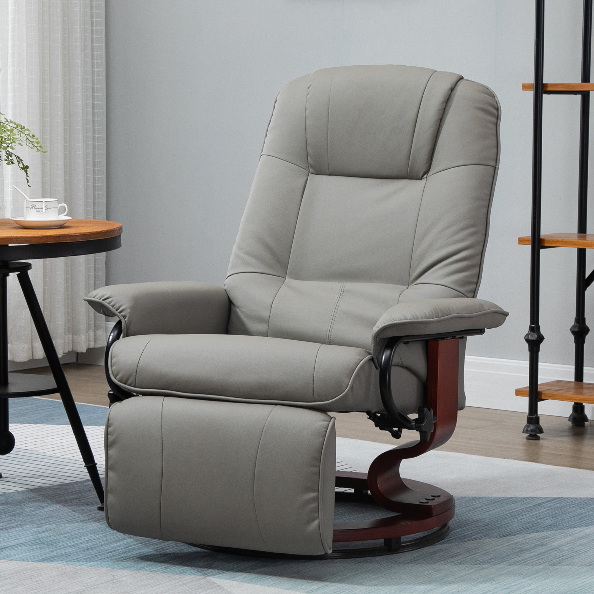 Fauteuil relax inclinable fauteuil de salon repose-pieds réglable pivotant 360° piètement bois revêtement synthétique gris
