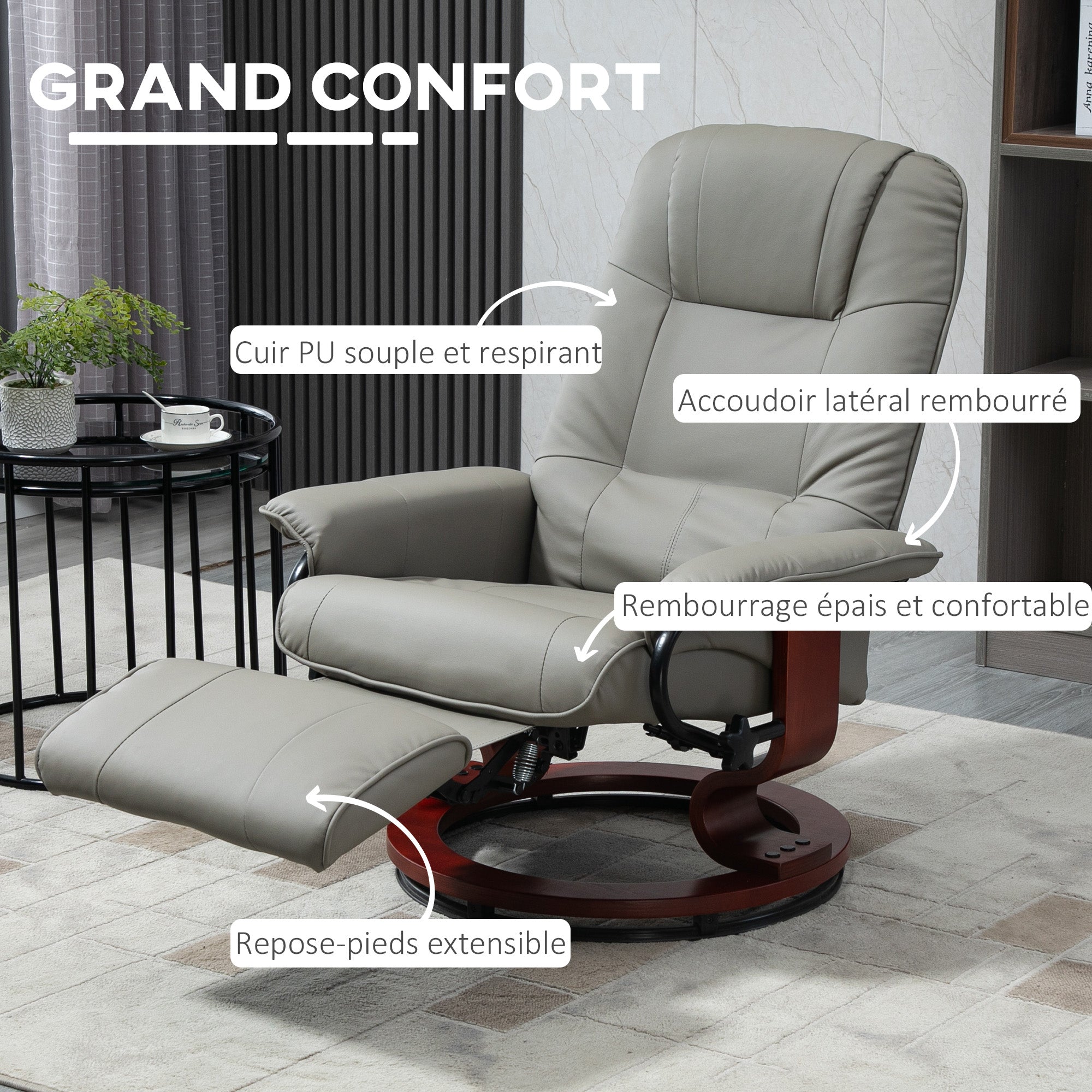 Fauteuil relax inclinable fauteuil de salon repose-pieds réglable pivotant 360° piètement bois revêtement synthétique gris