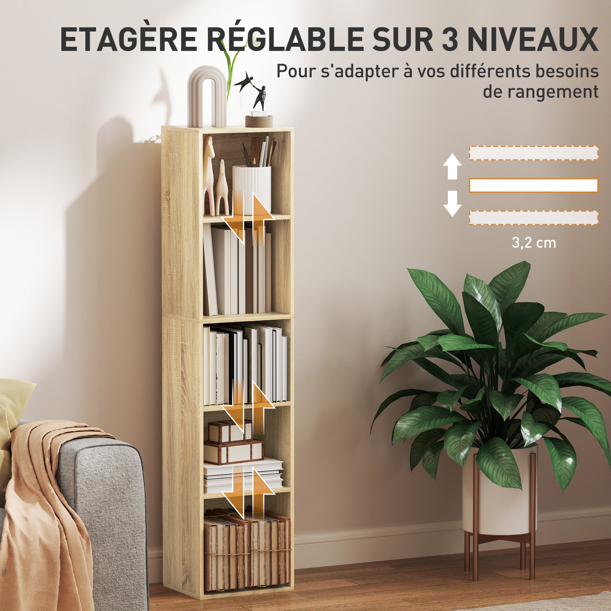 Bibliothèque, étagère de rangement 5 niveaux, meuble de rangement avec étagères réglables pour salon, chambre à coucher, bureau, 30 x 24 x 133,5 cm, bois naturel