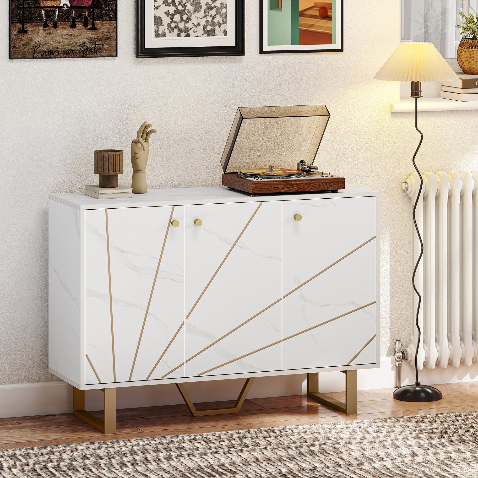 Meuble de rangement buffet salon avec 2 placards 3 portes et étagère réglable, pieds en métal - dim. 107L x 35l x 75H cm, aspect marbre blanc