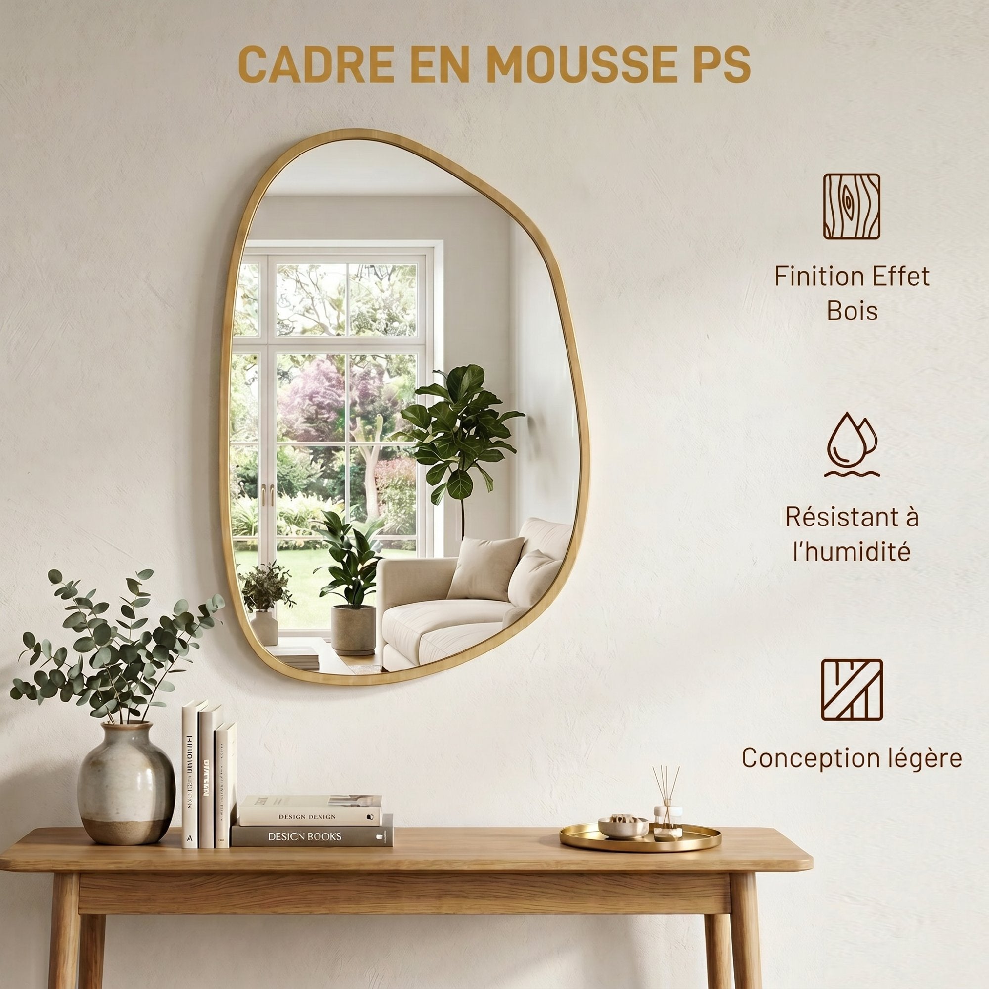 Miroir mural, miroir décoratif asymétrique 90 x 60 cm en verre trempé, pour salle de bain, chambre, salon, couloir, naturel