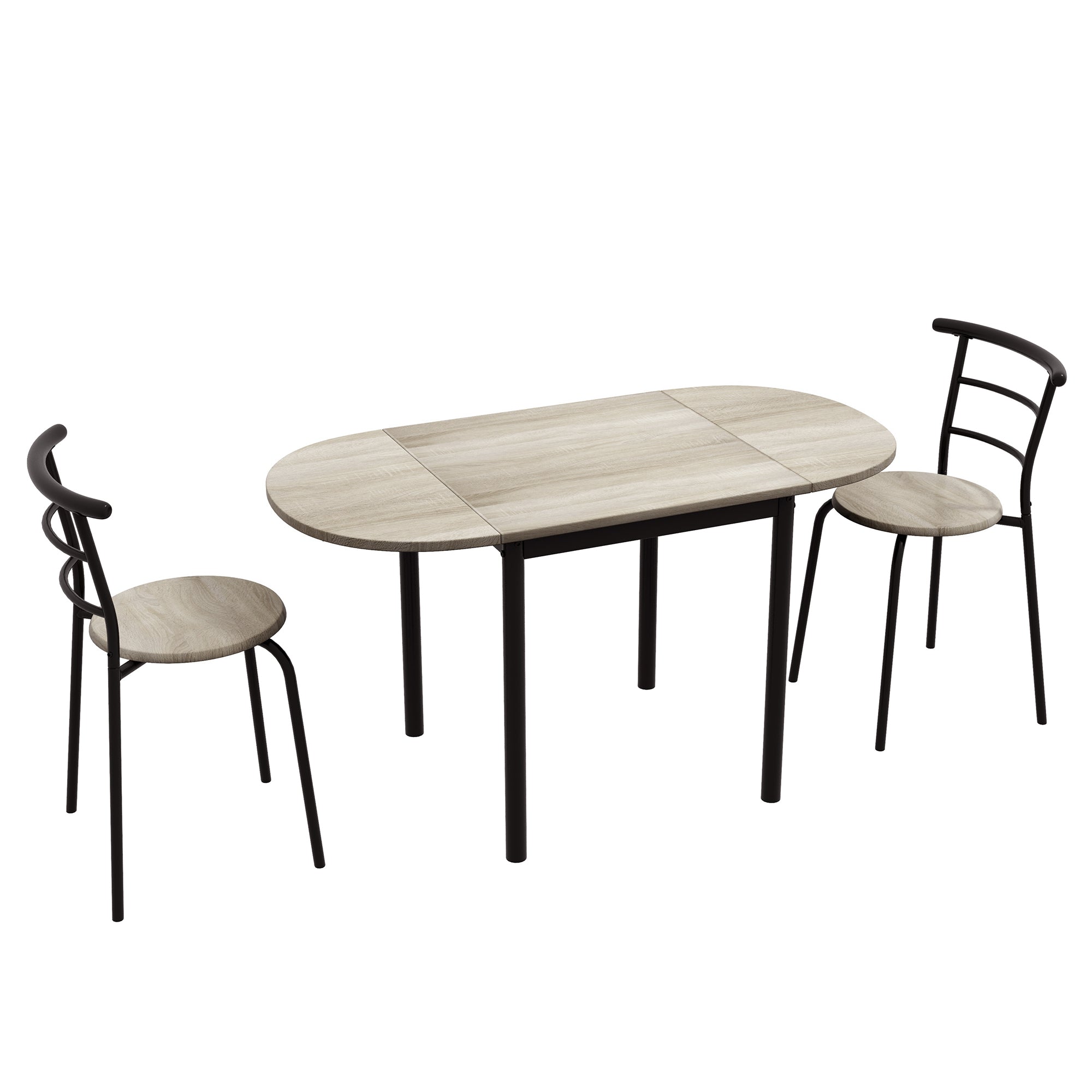Ensemble table ovale extensible et 2 chaises - table à rabats - métal et MDF - noir et naturel