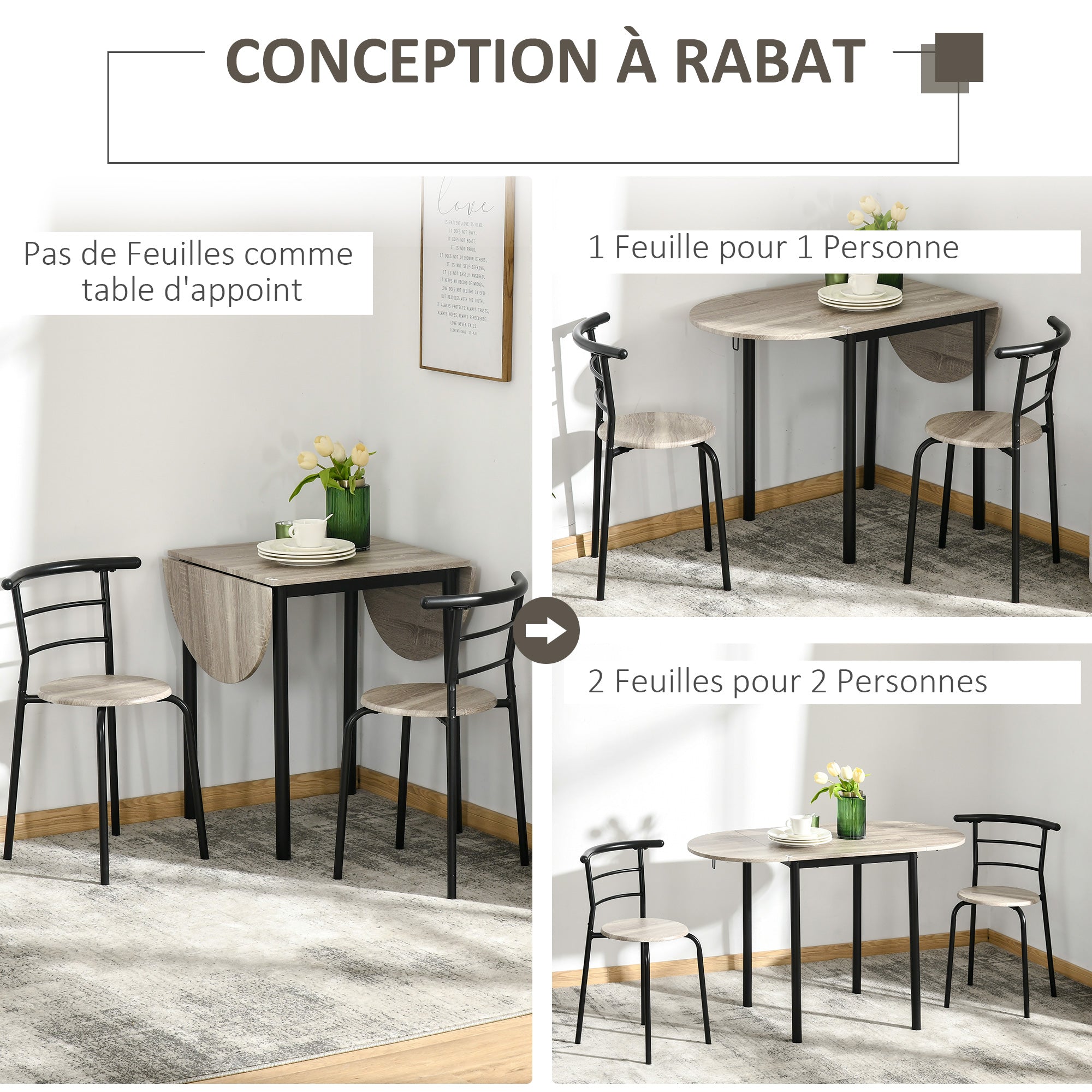 Ensemble table ovale extensible et 2 chaises - table à rabats - métal et MDF - noir et naturel