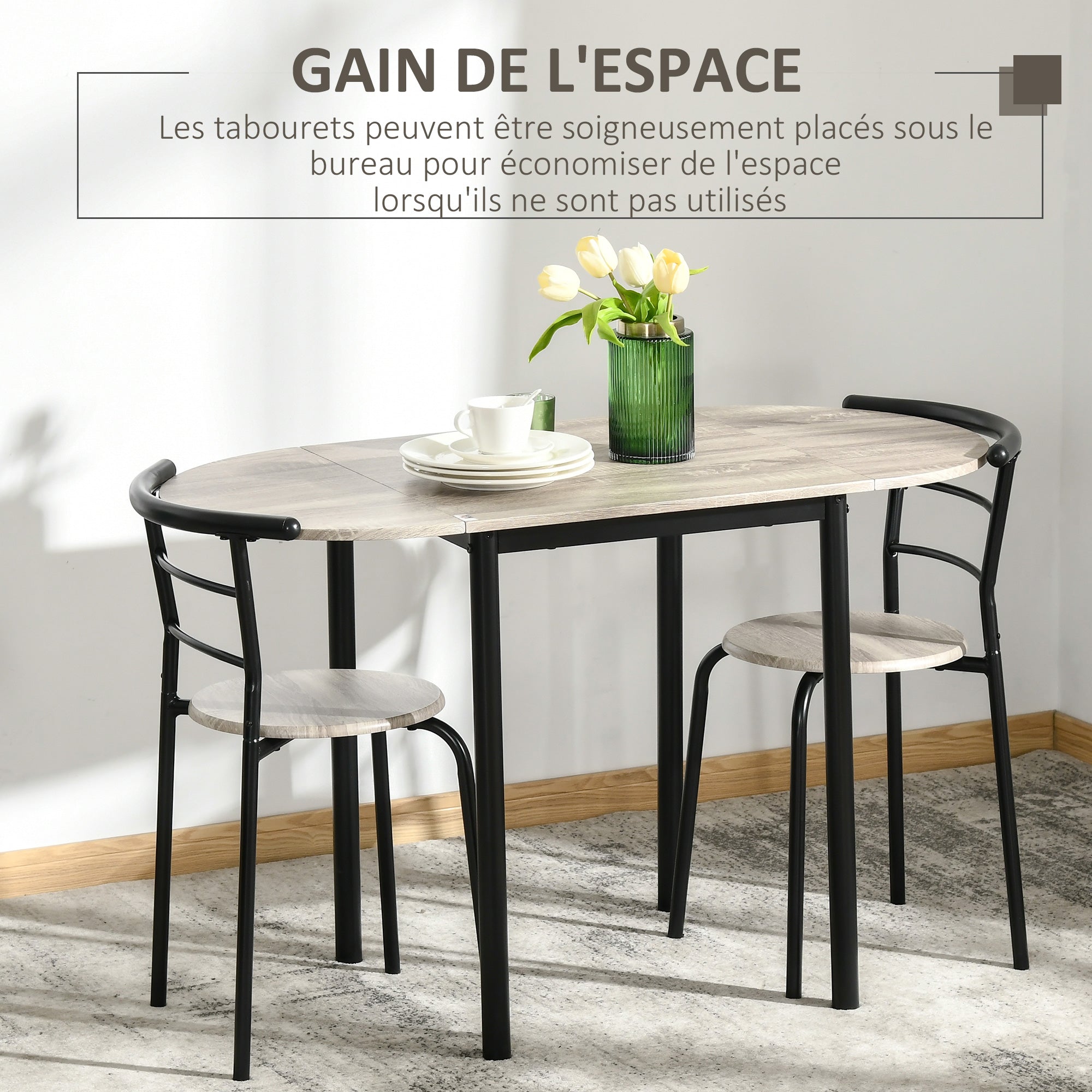 Ensemble table ovale extensible et 2 chaises - table à rabats - métal et MDF - noir et naturel