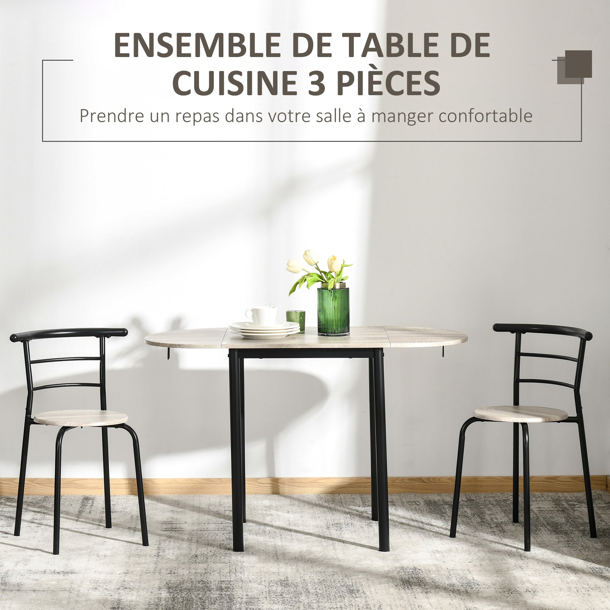 Ensemble table ovale extensible et 2 chaises - table à rabats - métal et MDF - noir et naturel