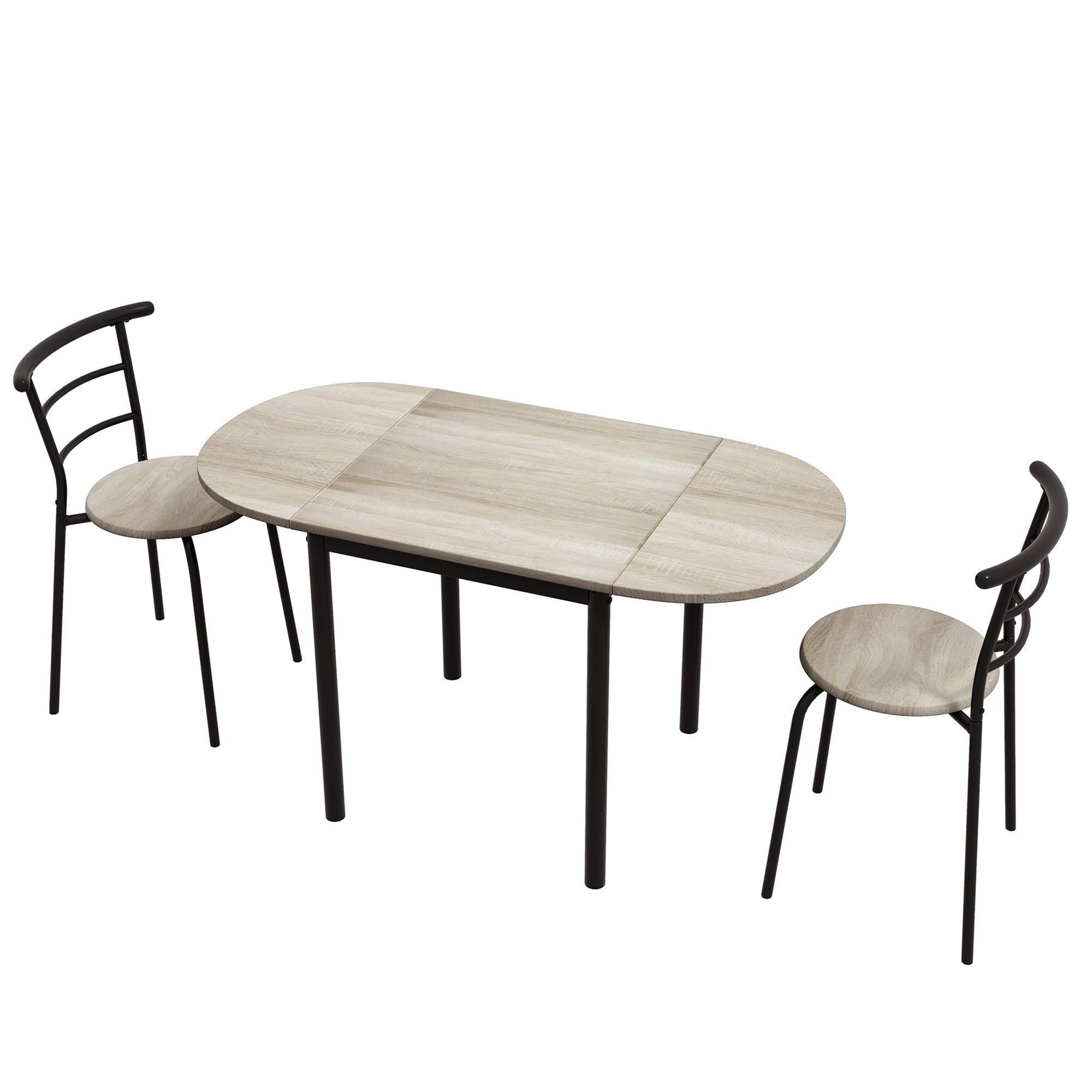 Ensemble table ovale extensible et 2 chaises - table à rabats - métal et MDF - noir et naturel