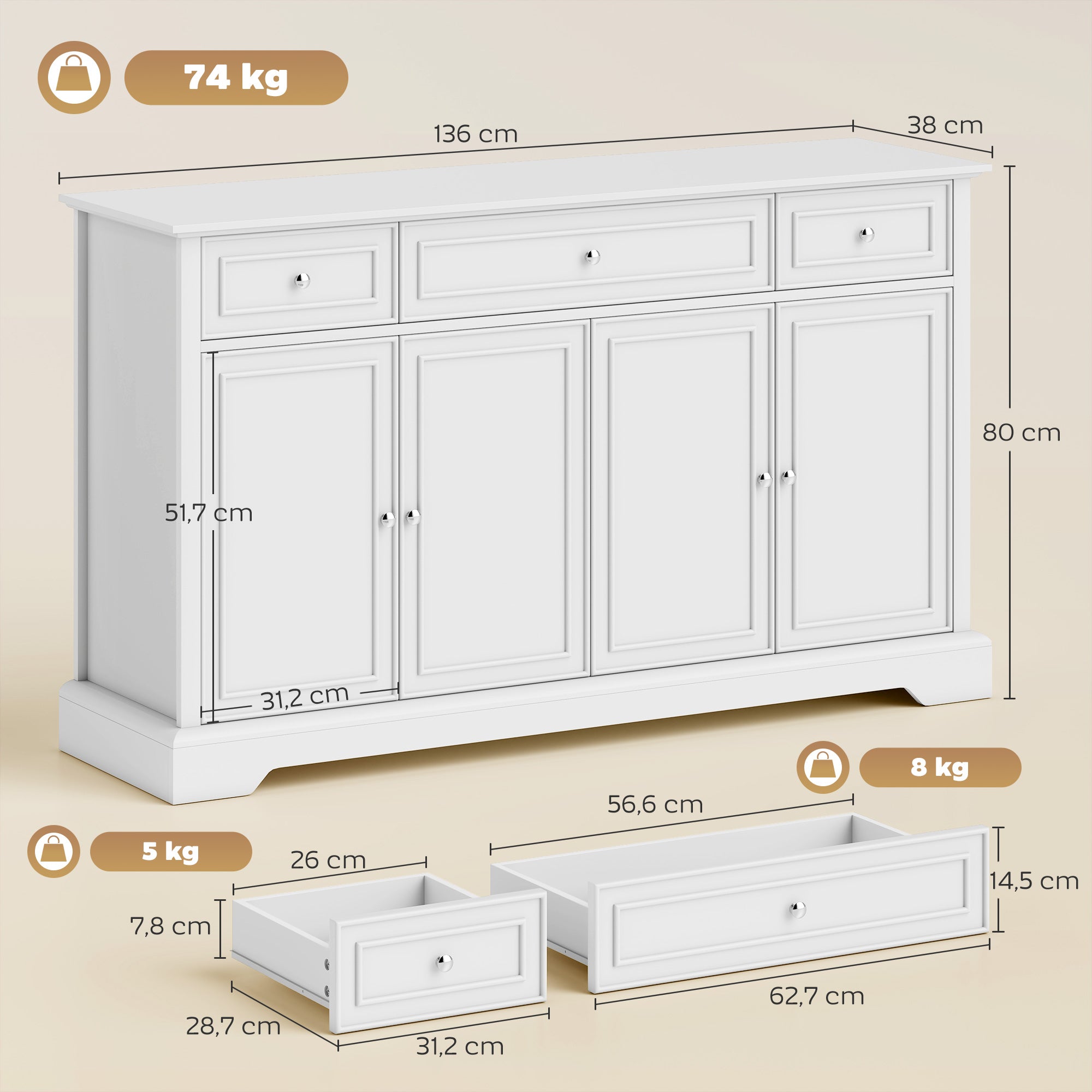 Buffet salon, meuble de rangement avec 3 tiroirs, 4 portes à fermeture douce et étagères réglables, style moderne, meuble TV jusqu'à 55", buffet salle à manger et cuisine, 136x38x80cm, blanc