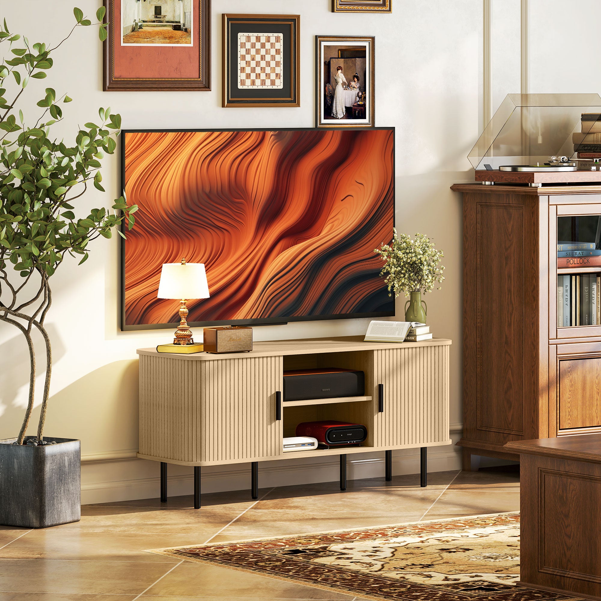 Meuble TV, banc TV, avec 2 portes tambour à lamelles, 120 cm, design scandinave, meuble TV pour télévision jusqu'à 55 pouces, ton chêne