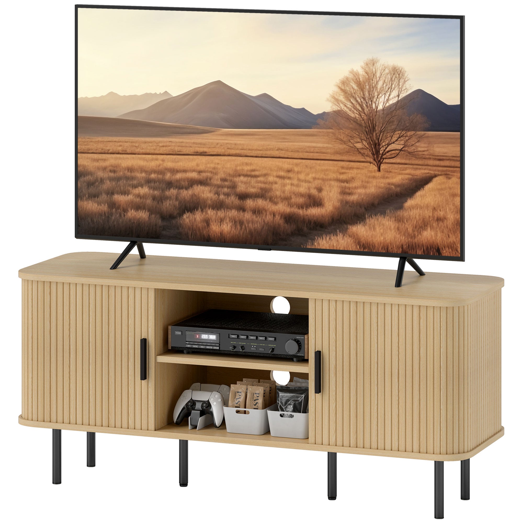 Meuble TV, banc TV, avec 2 portes tambour à lamelles, 120 cm, design scandinave, meuble TV pour télévision jusqu'à 55 pouces, ton chêne