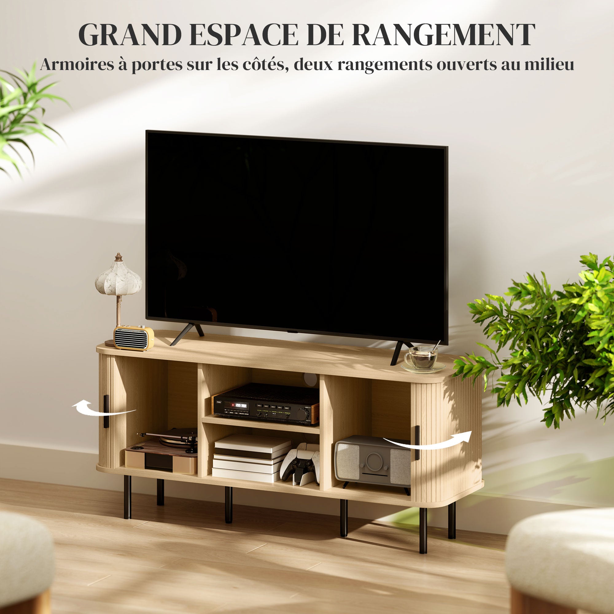 Meuble TV, banc TV, avec 2 portes tambour à lamelles, 120 cm, design scandinave, meuble TV pour télévision jusqu'à 55 pouces, ton chêne