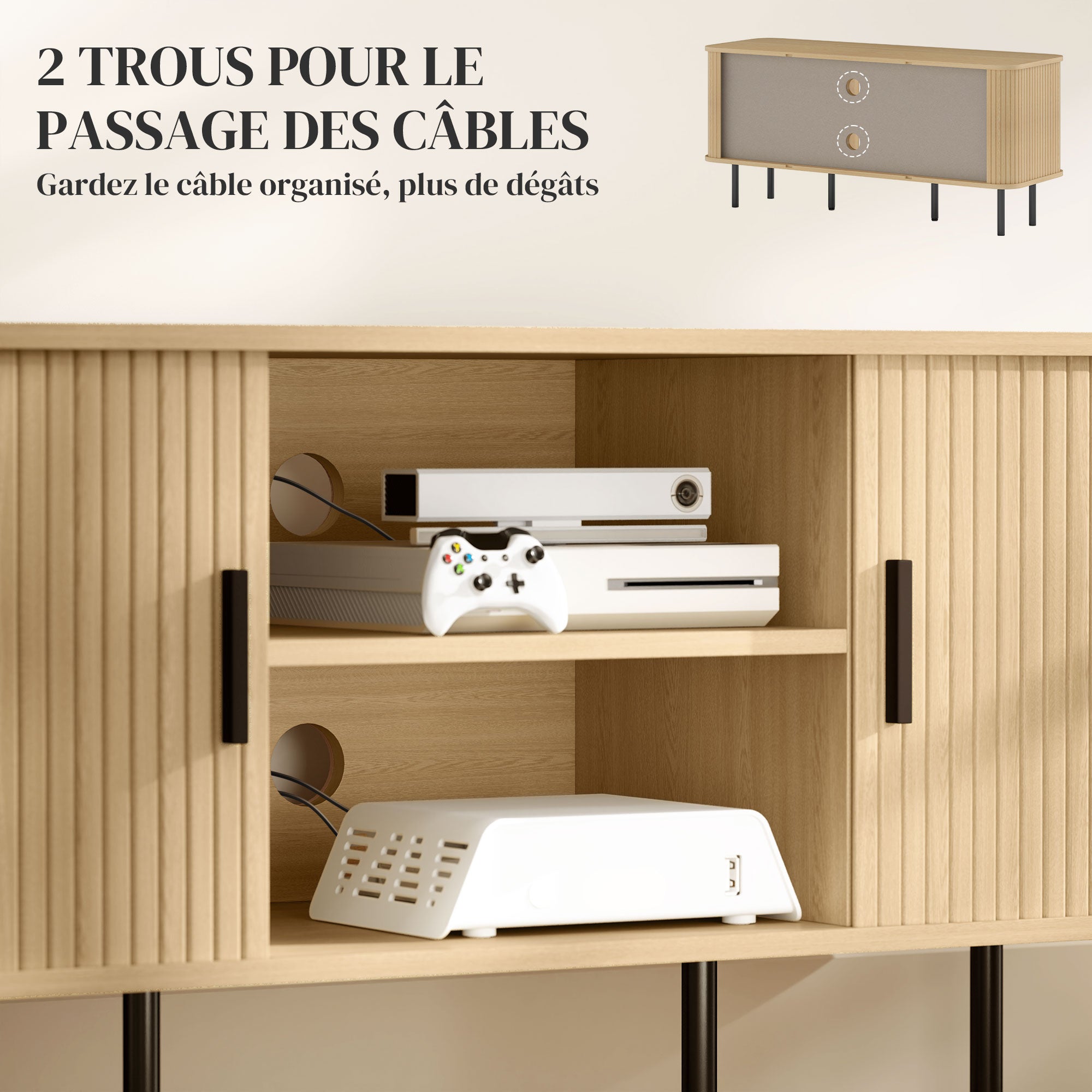 Meuble TV, banc TV, avec 2 portes tambour à lamelles, 120 cm, design scandinave, meuble TV pour télévision jusqu'à 55 pouces, ton chêne
