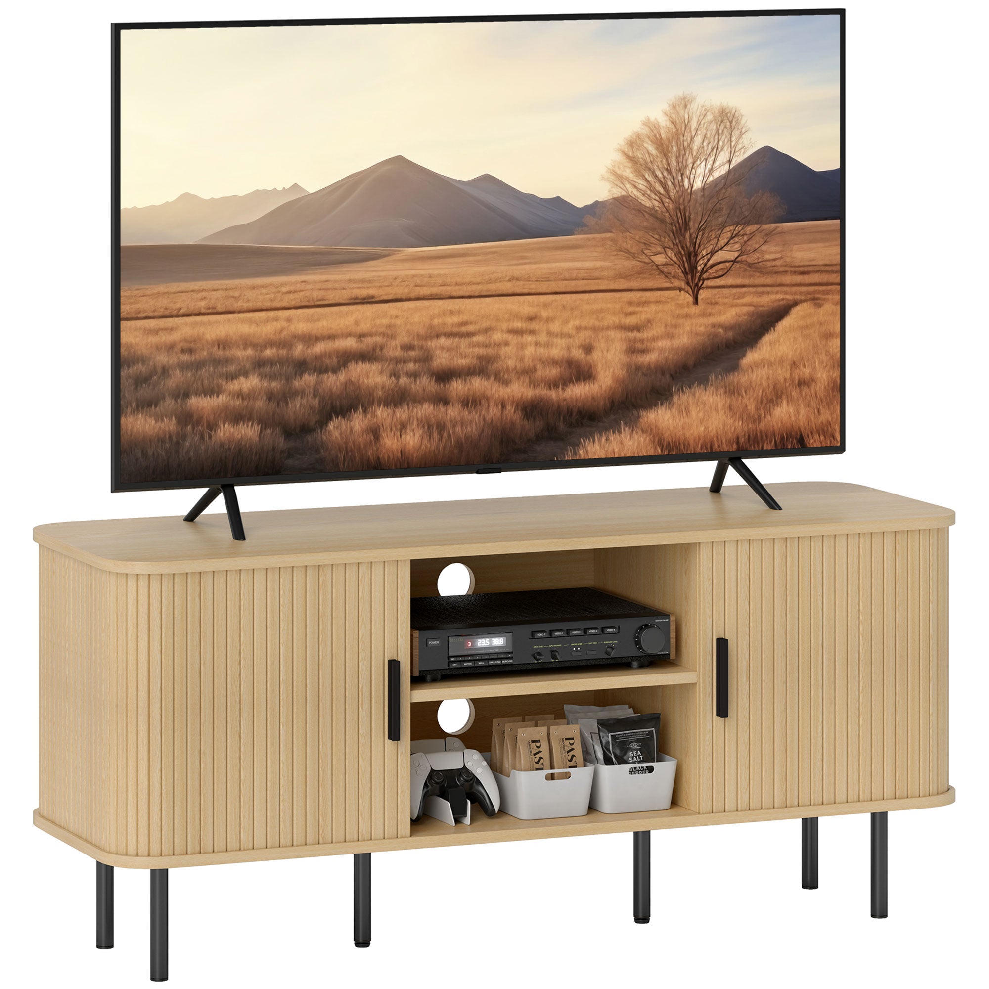Meuble TV, banc TV, avec 2 portes tambour à lamelles, 120 cm, design scandinave, meuble TV pour télévision jusqu'à 55 pouces, ton chêne