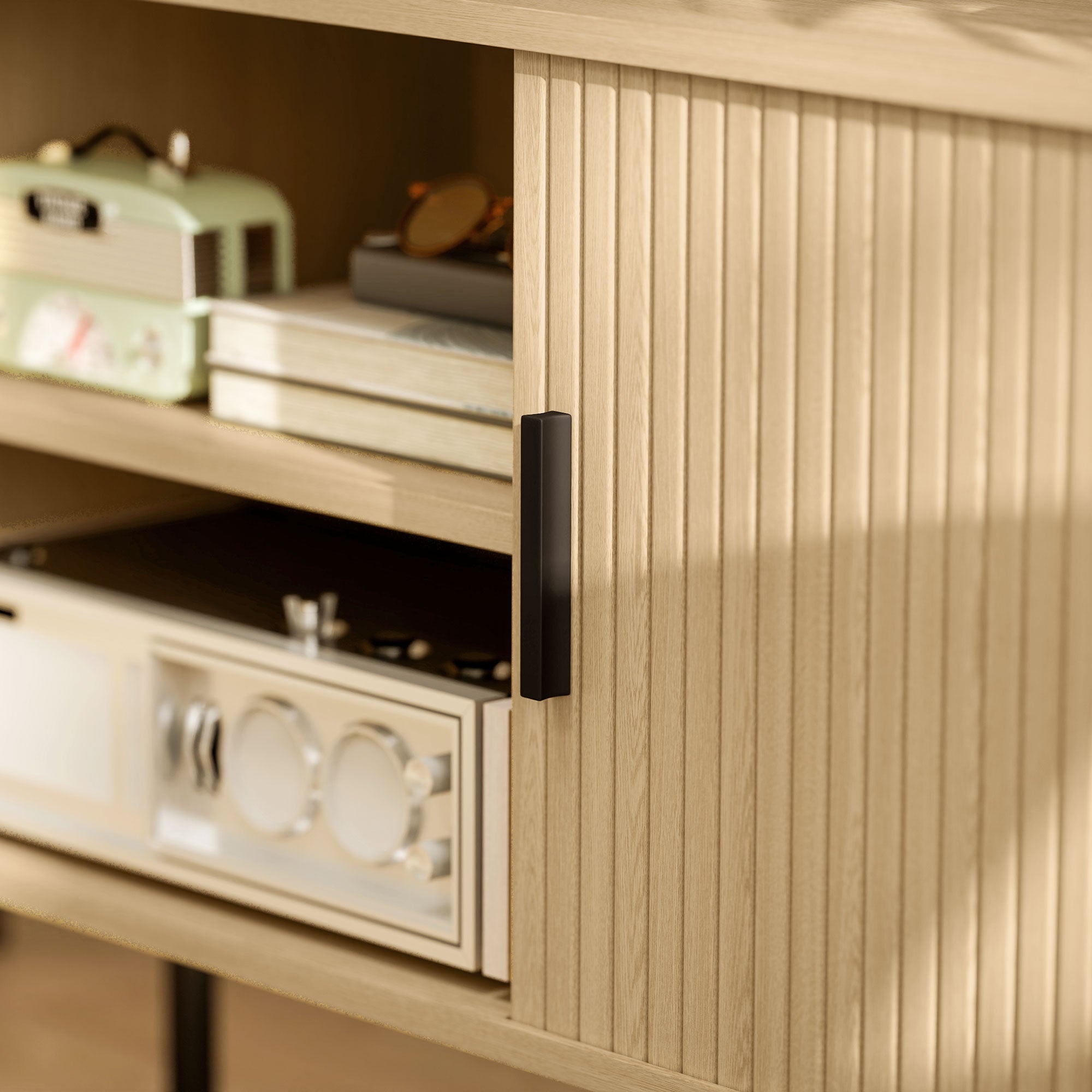 Meuble TV, banc TV, avec 2 portes tambour à lamelles, 120 cm, design scandinave, meuble TV pour télévision jusqu'à 55 pouces, ton chêne