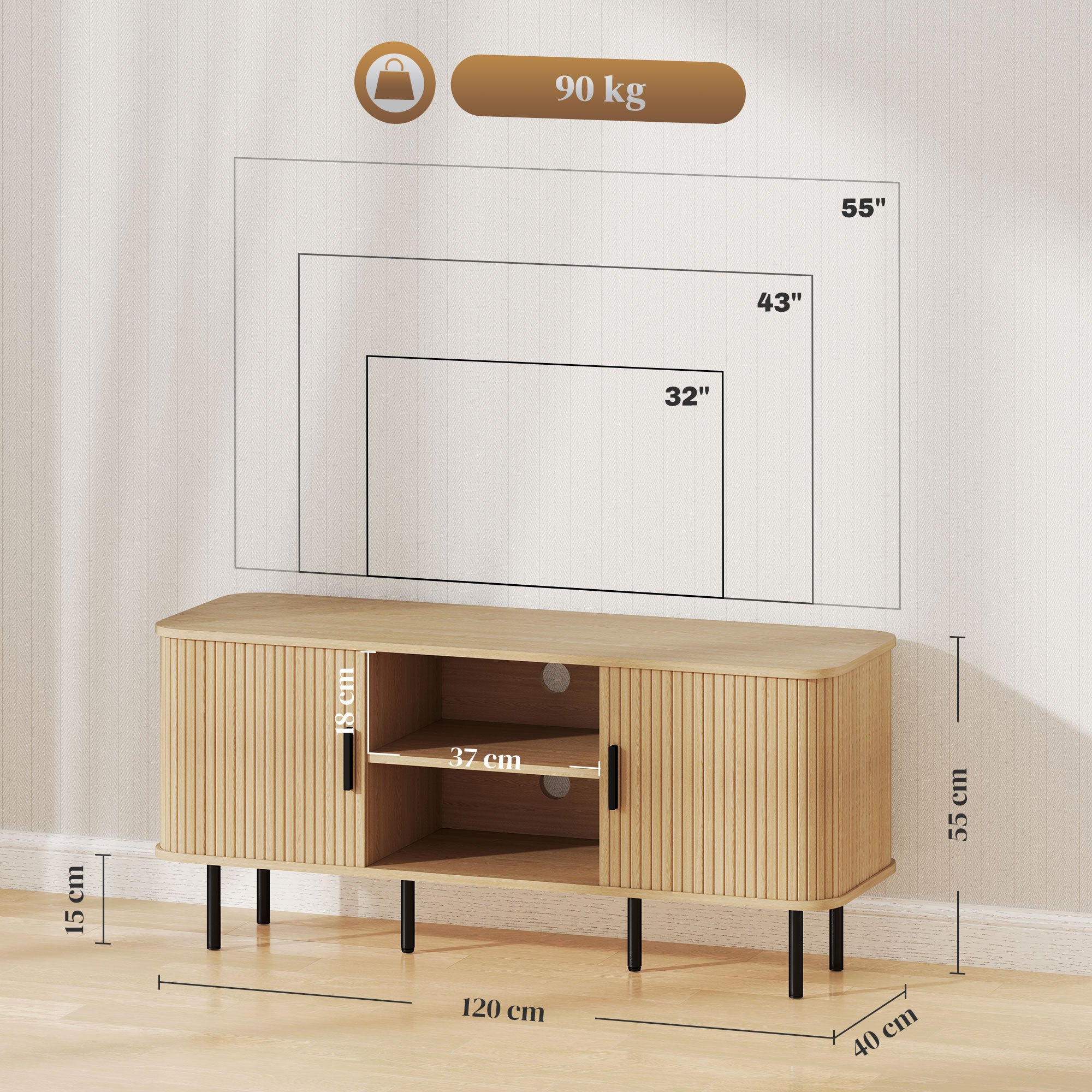 Meuble TV, banc TV, avec 2 portes tambour à lamelles, 120 cm, design scandinave, meuble TV pour télévision jusqu'à 55 pouces, ton chêne