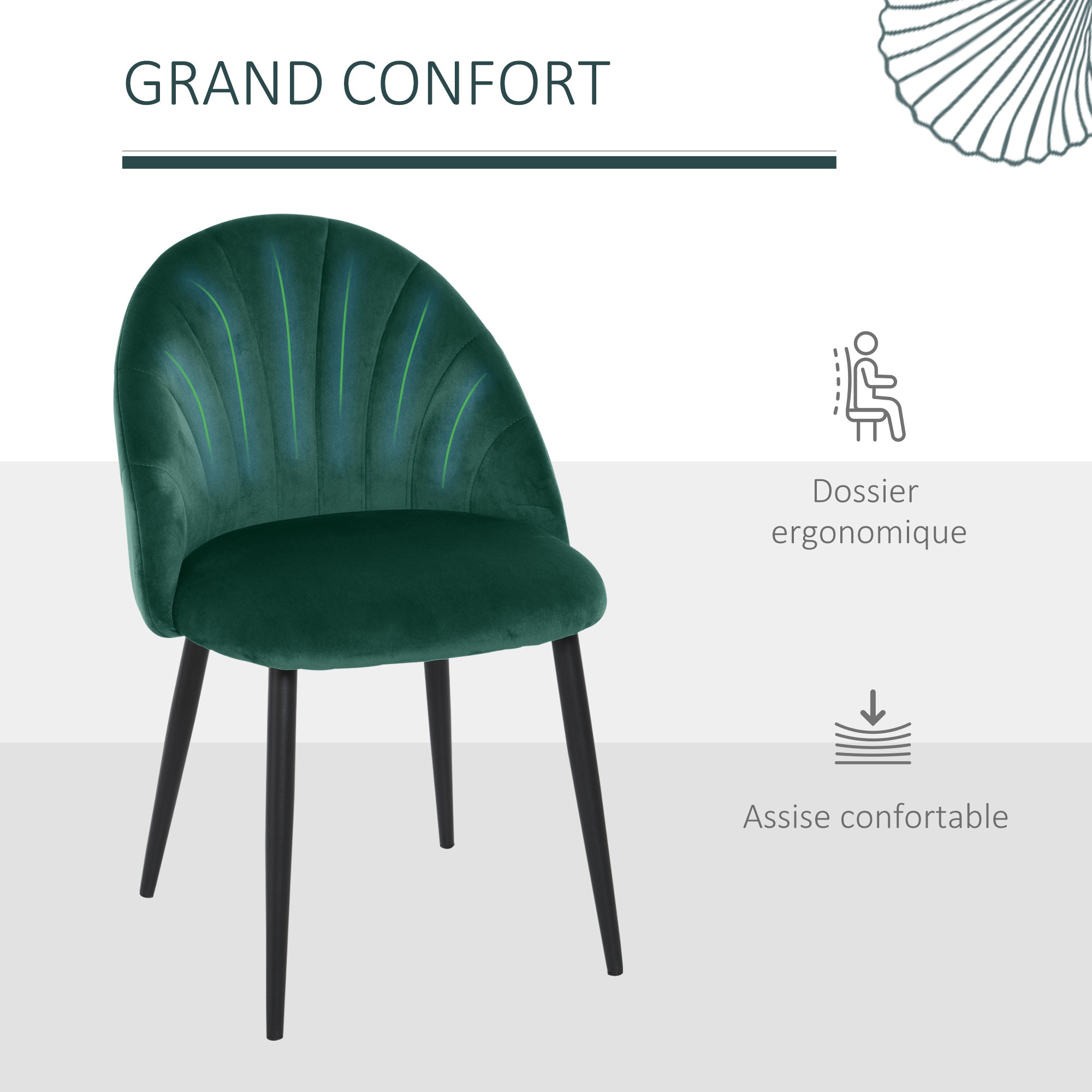 Lot de 2 chaises de Salle à Manger Chaise de Cuisine Velours Pieds métal vert dim. 52L x 54l x 79H cm