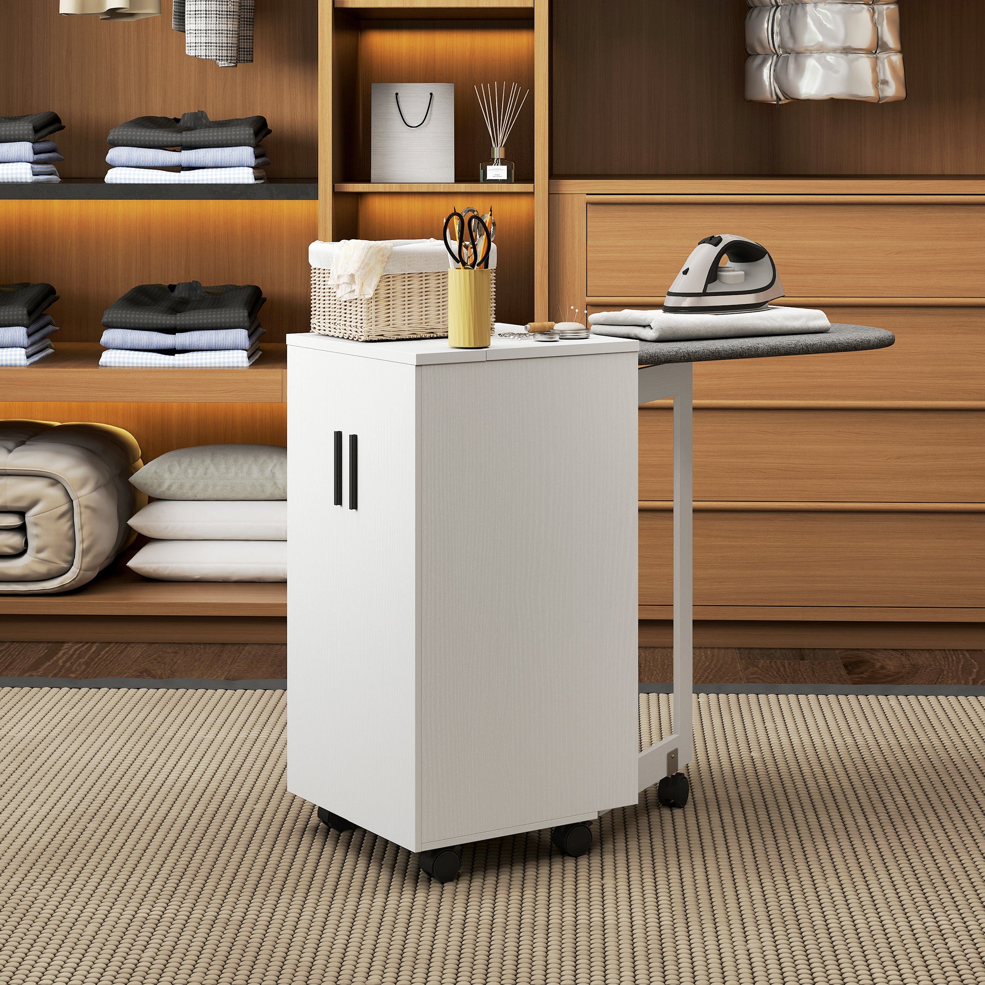 Meuble à repasser 2 en 1, table à repasser pliante sur roulettes avec étagère réglable et charnières à fermeture douce, meuble rangement pour petits espaces, buanderie, 128 x 43 x 83 cm, blanc