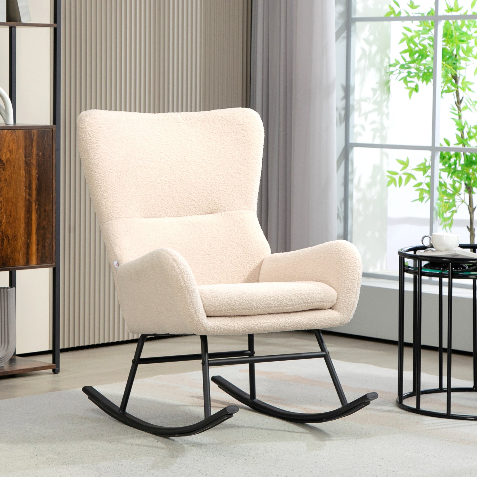 Fauteuil à bascule, chaise à bascule, avec assise de 10 cm d'épaisseur, pieds incurvés en acier, capacité de charge 120 kg, pour salon, chambre, balcon, beige et noir