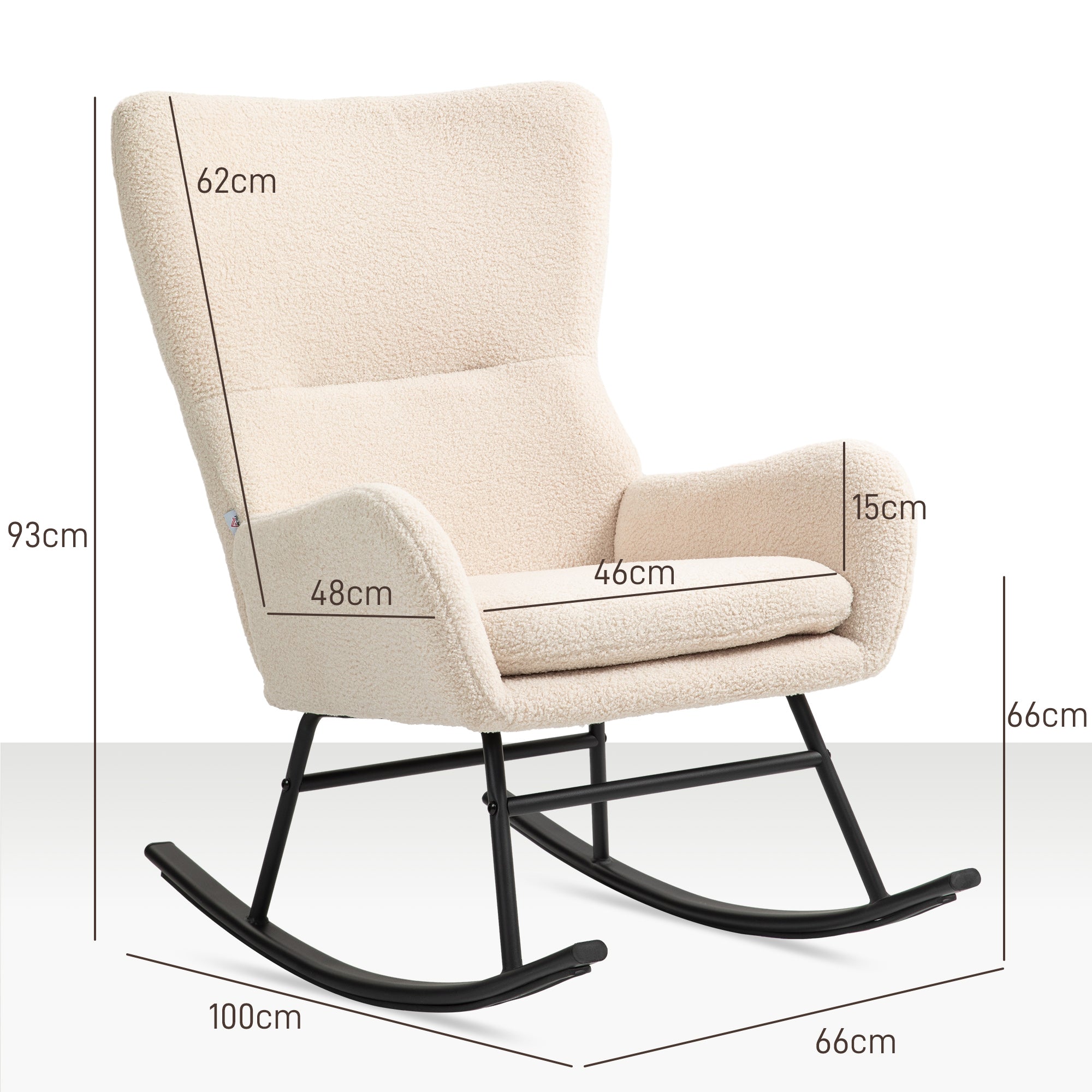 Fauteuil à bascule, chaise à bascule, avec assise de 10 cm d'épaisseur, pieds incurvés en acier, capacité de charge 120 kg, pour salon, chambre, balcon, beige et noir