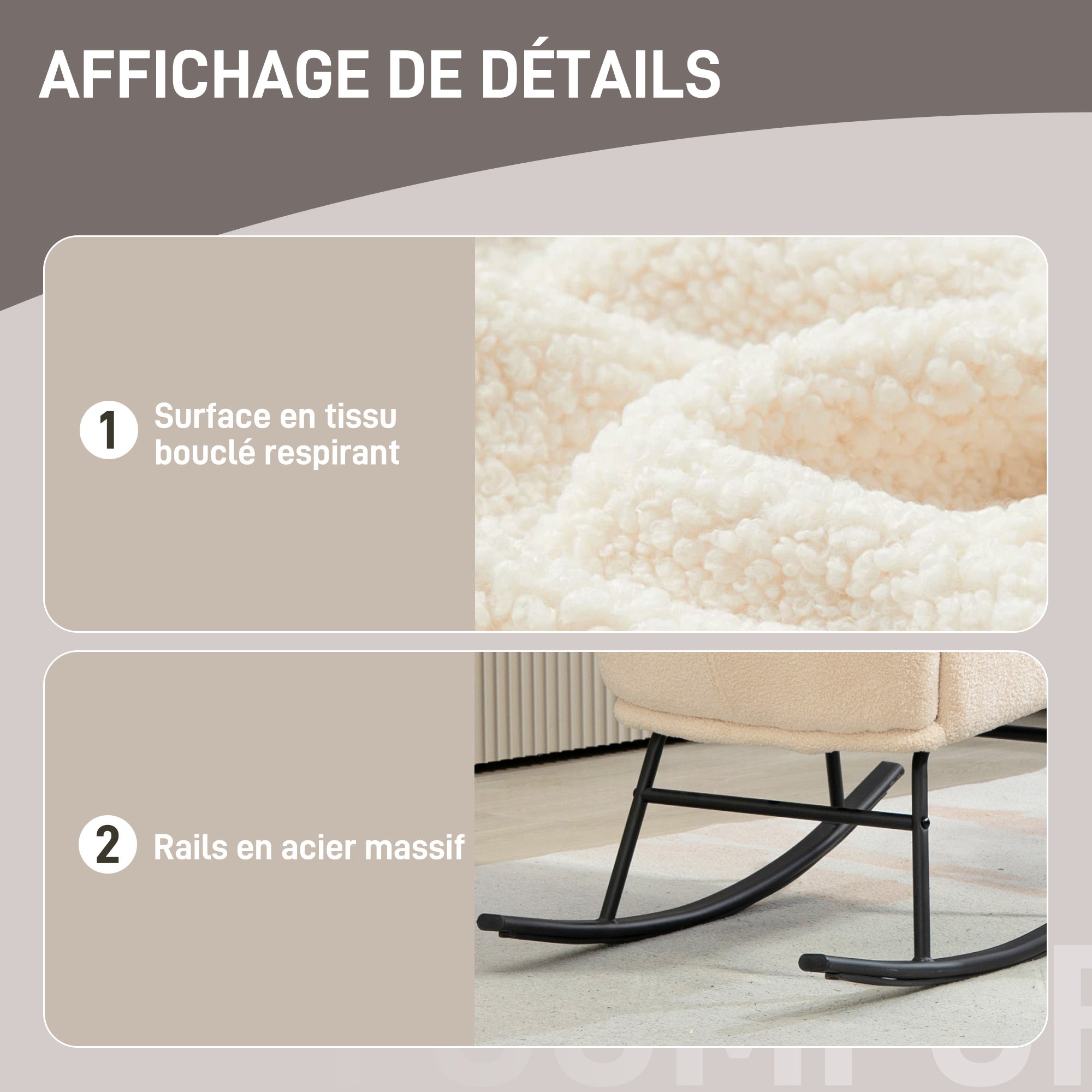Fauteuil à bascule, chaise à bascule, avec assise de 10 cm d'épaisseur, pieds incurvés en acier, capacité de charge 120 kg, pour salon, chambre, balcon, beige et noir