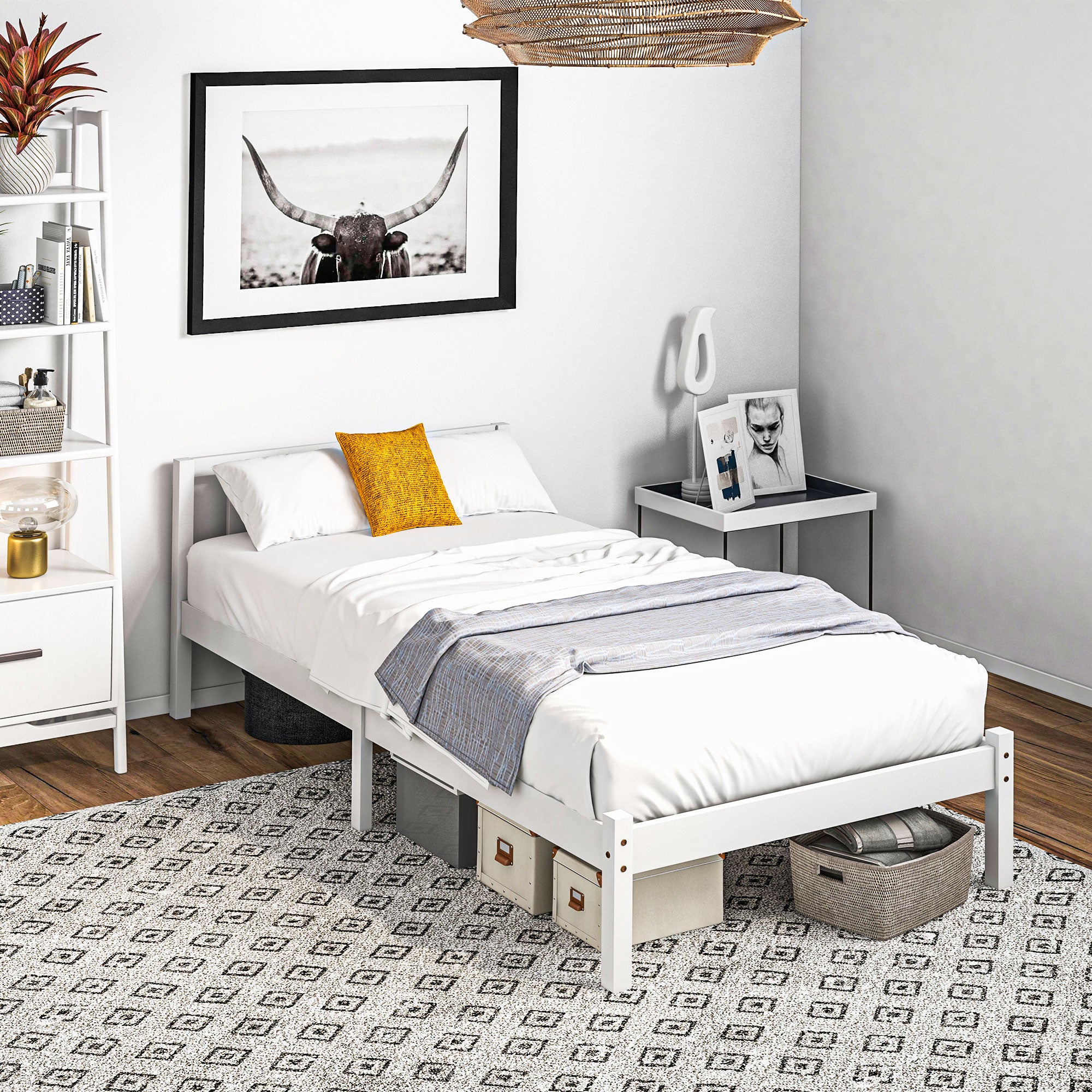 Cadre de lit en Bois Massif 90x190 cm Lit simple avec tête de lit et Sommier à Lattes Solide pour Enfants Adultes Blanc
