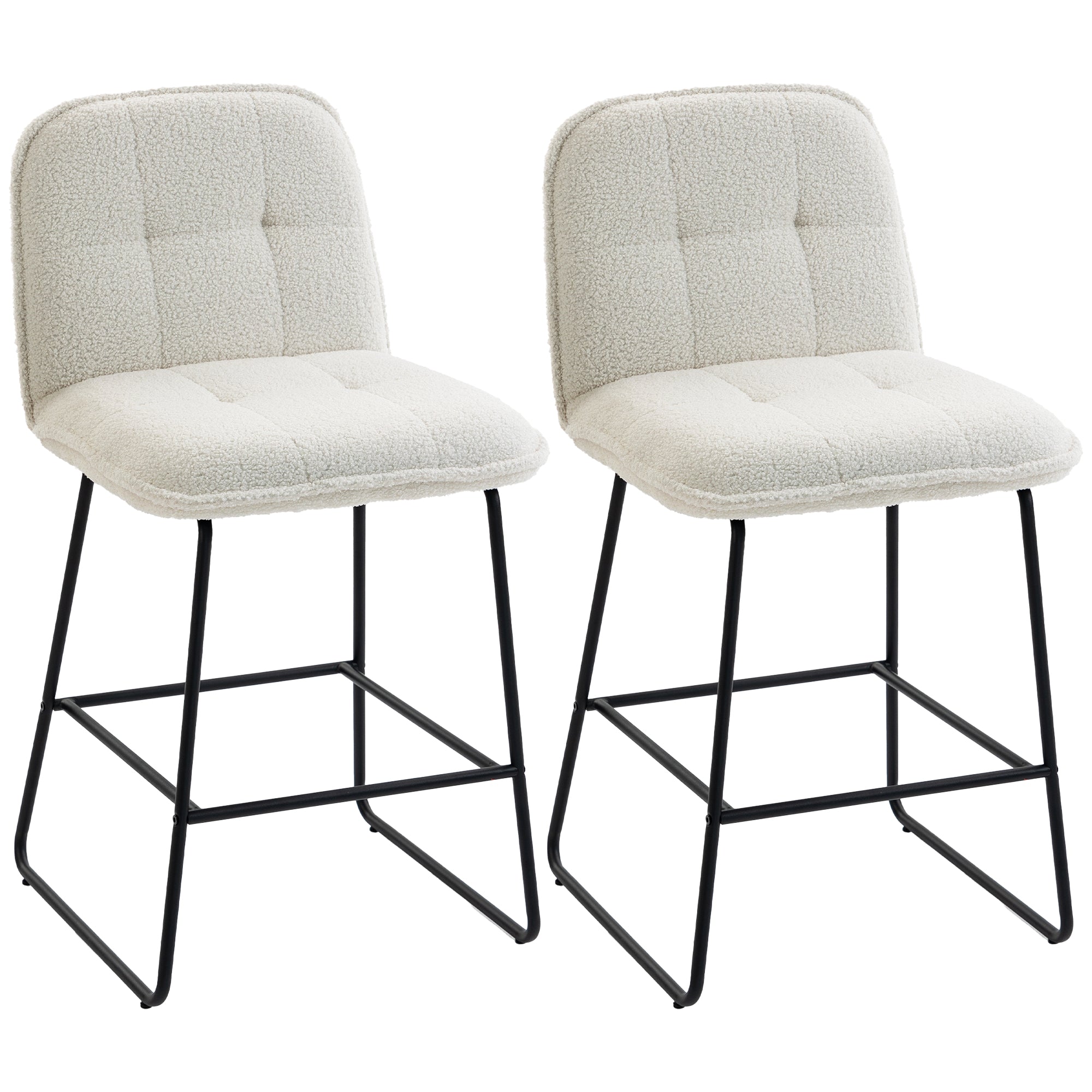 Lot de 2 Tabourets de Bar, Chaises de Bar Rembourrées en Tissu Bouclette, Extra-Large Assise 66H cm, Dossier, Repose-Pieds, Cadre en Métal, Chaises Hautes Cuisine Salle à Manger Comptoir, Crème