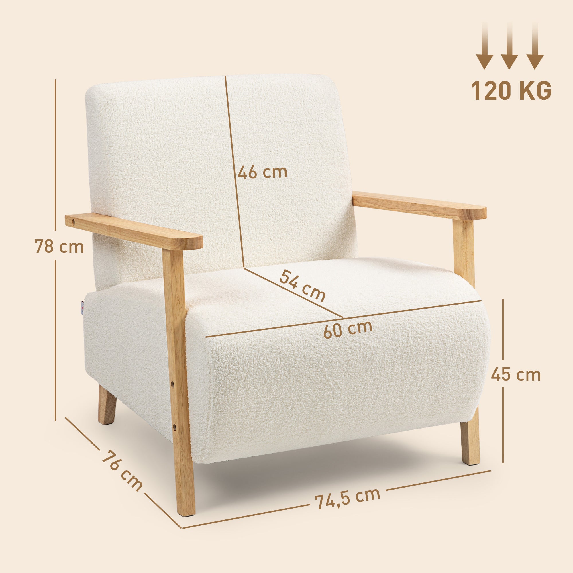 Fauteuil salon, fauteuil 1 place, style nordique, tissu effet laine bouclée, structure en bois massif, pour salon, chambre à coucher, salle d'étude, crème