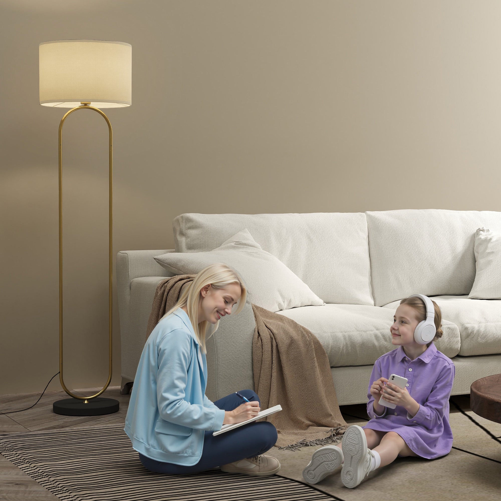 Lampadaire lampe sur pied de salon abat-jour en lin douille E27 style moderne lampadaire sur pied avec interrupteur pour salon et chambre 156 cm doré et noir