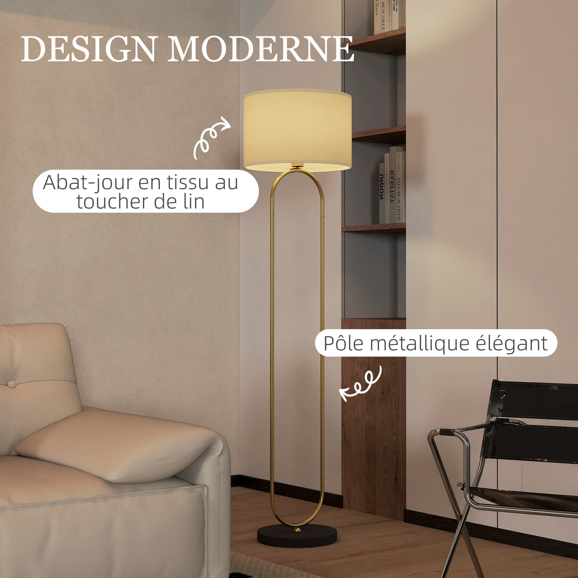 Lampadaire lampe sur pied de salon abat-jour en lin douille E27 style moderne lampadaire sur pied avec interrupteur pour salon et chambre 156 cm doré et noir