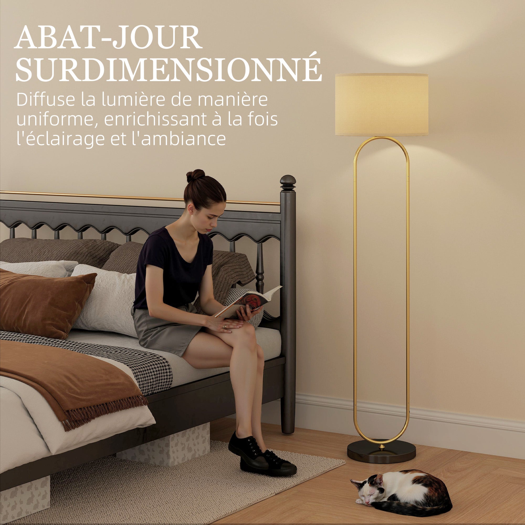 Lampadaire lampe sur pied de salon abat-jour en lin douille E27 style moderne lampadaire sur pied avec interrupteur pour salon et chambre 156 cm doré et noir