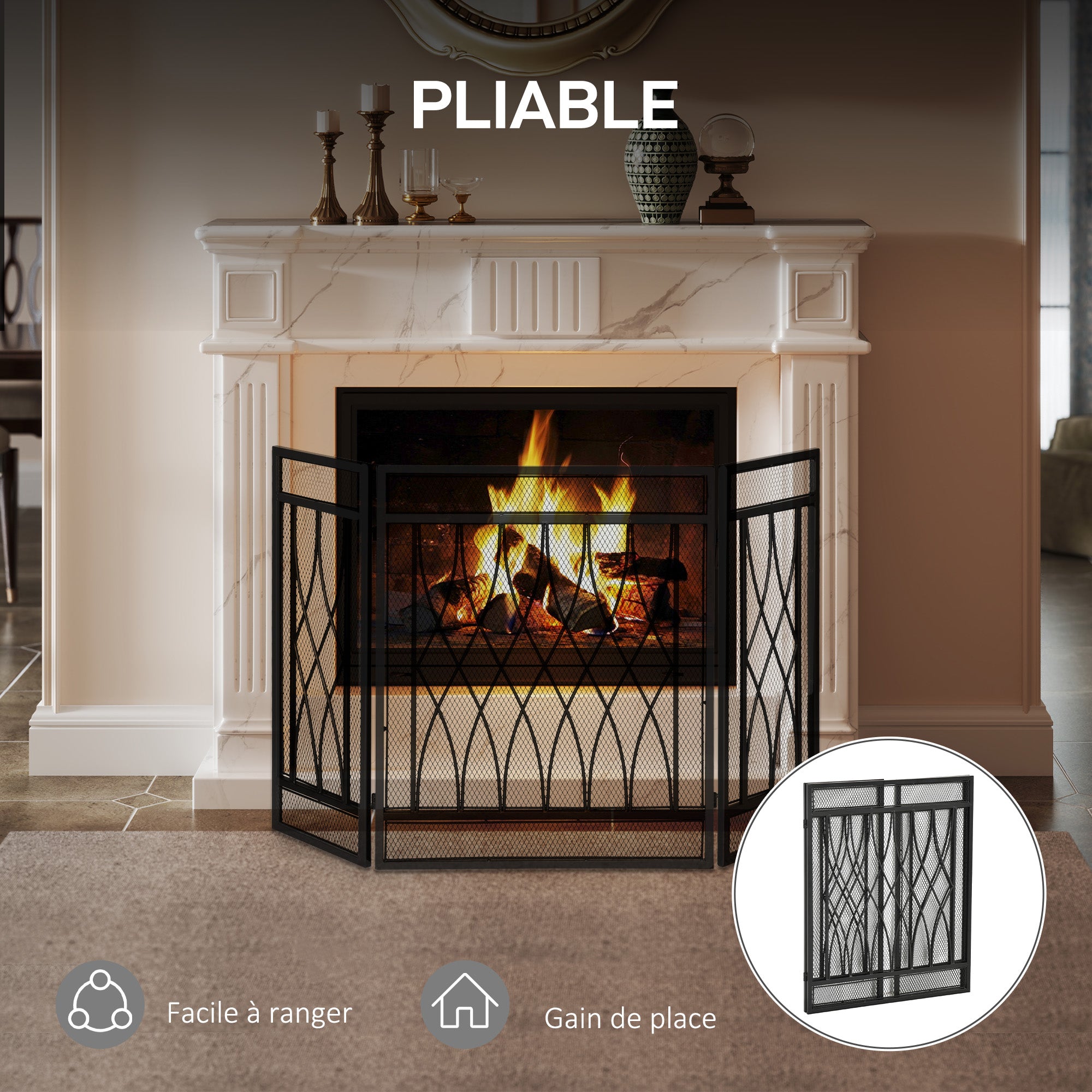 Grille de Protection pour cheminée - Pare-feu Large pour cheminée ou poêle - Pare-étincelles - barrière de sécurité - 3 Volets Pliables - métal Noir