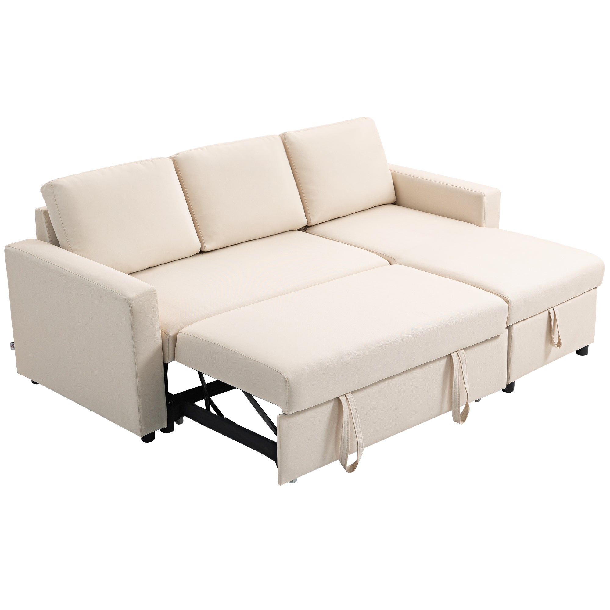 Canapé d'angle convertible canapé lit canapé 3 places modulable avec méridienne réversible, coffre de rangement intégré et 3 coussins de dossier, tissu aspect lin, crème