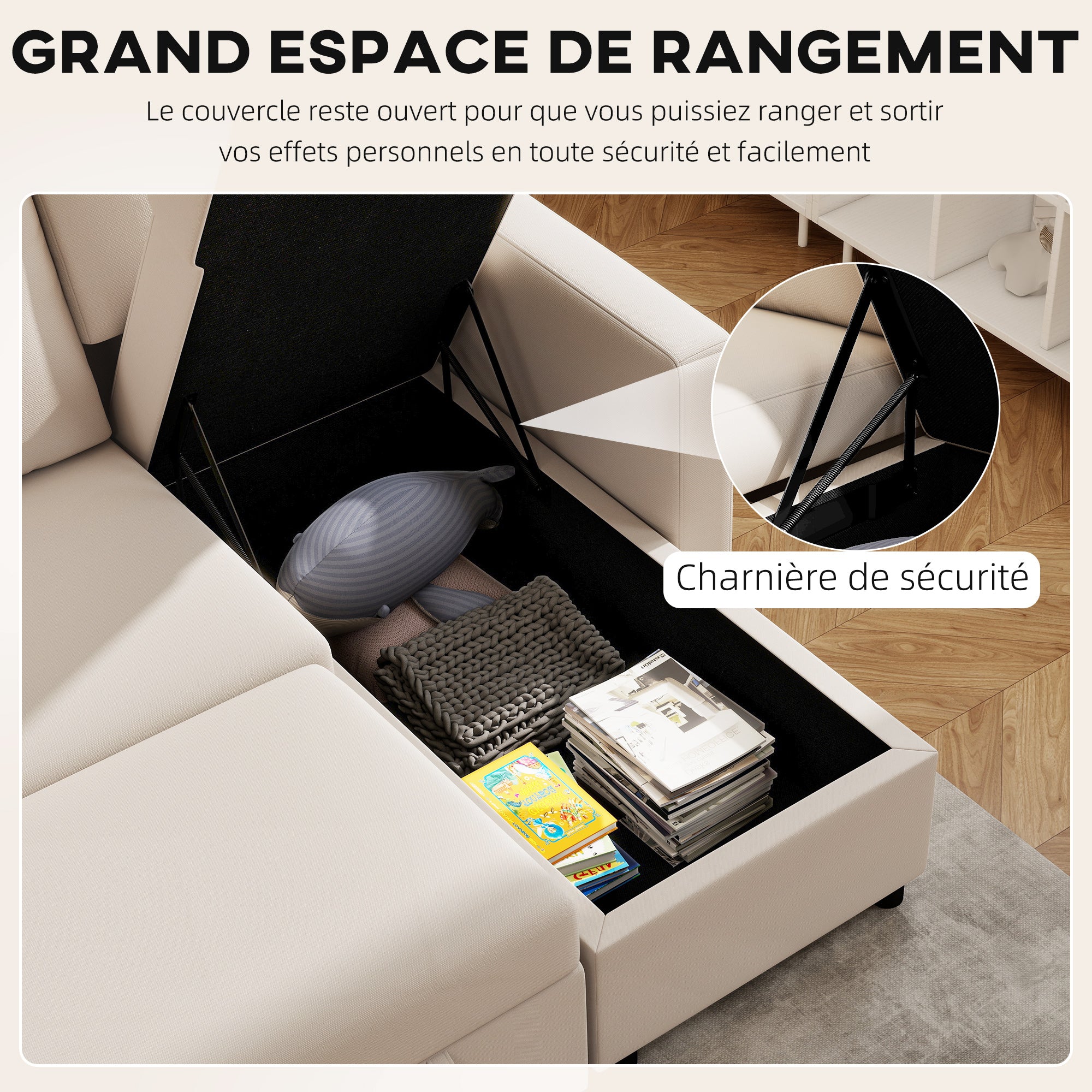 Canapé d'angle convertible canapé lit canapé 3 places modulable avec méridienne réversible, coffre de rangement intégré et 3 coussins de dossier, tissu aspect lin, crème