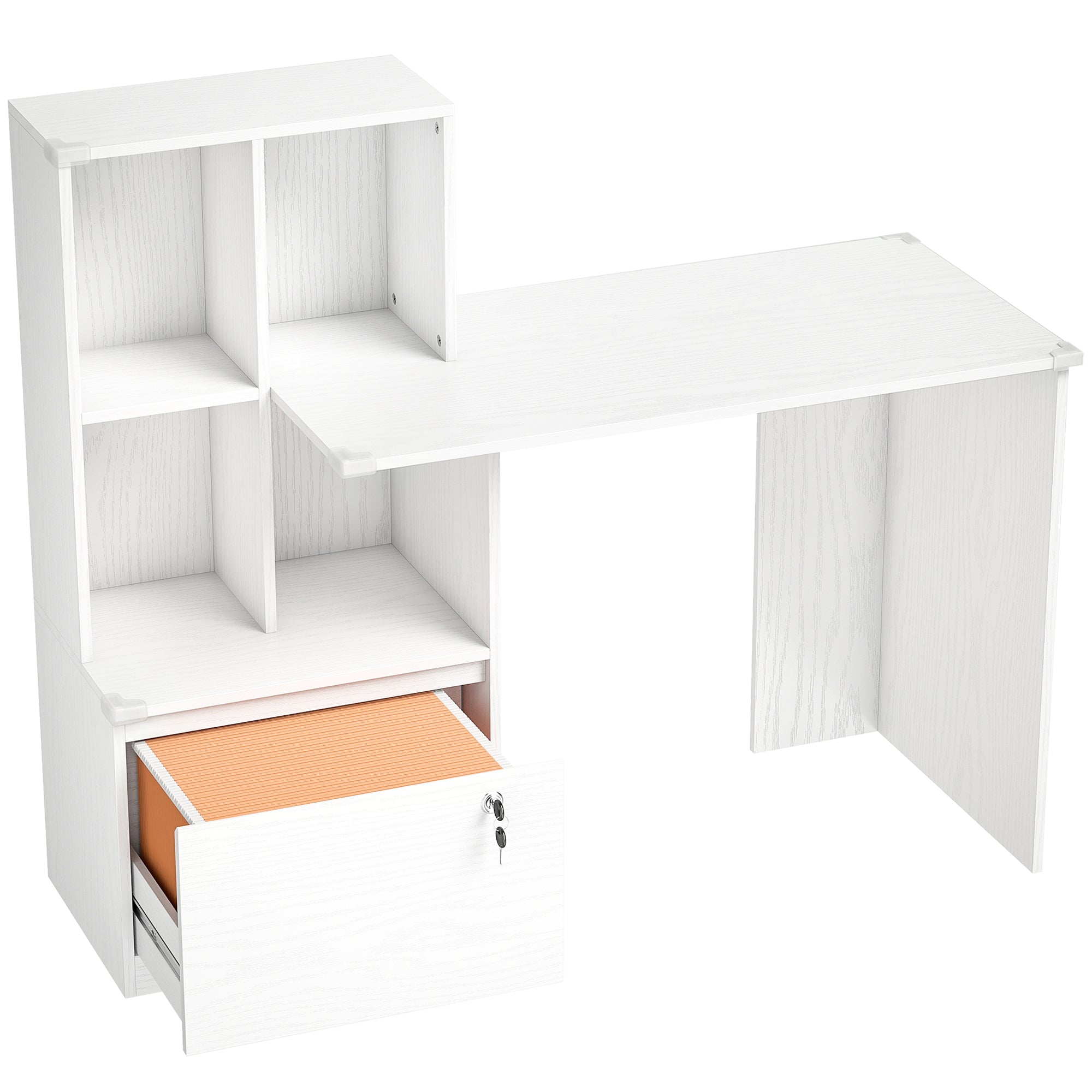 Bureau d'ordinateur avec bibliothèque 4 compartiments et tiroir verrouillable à dossiers, patins anti-collision, table informatique pour chambre salle d'étude, 126x50x109cm, grain de bois blanc