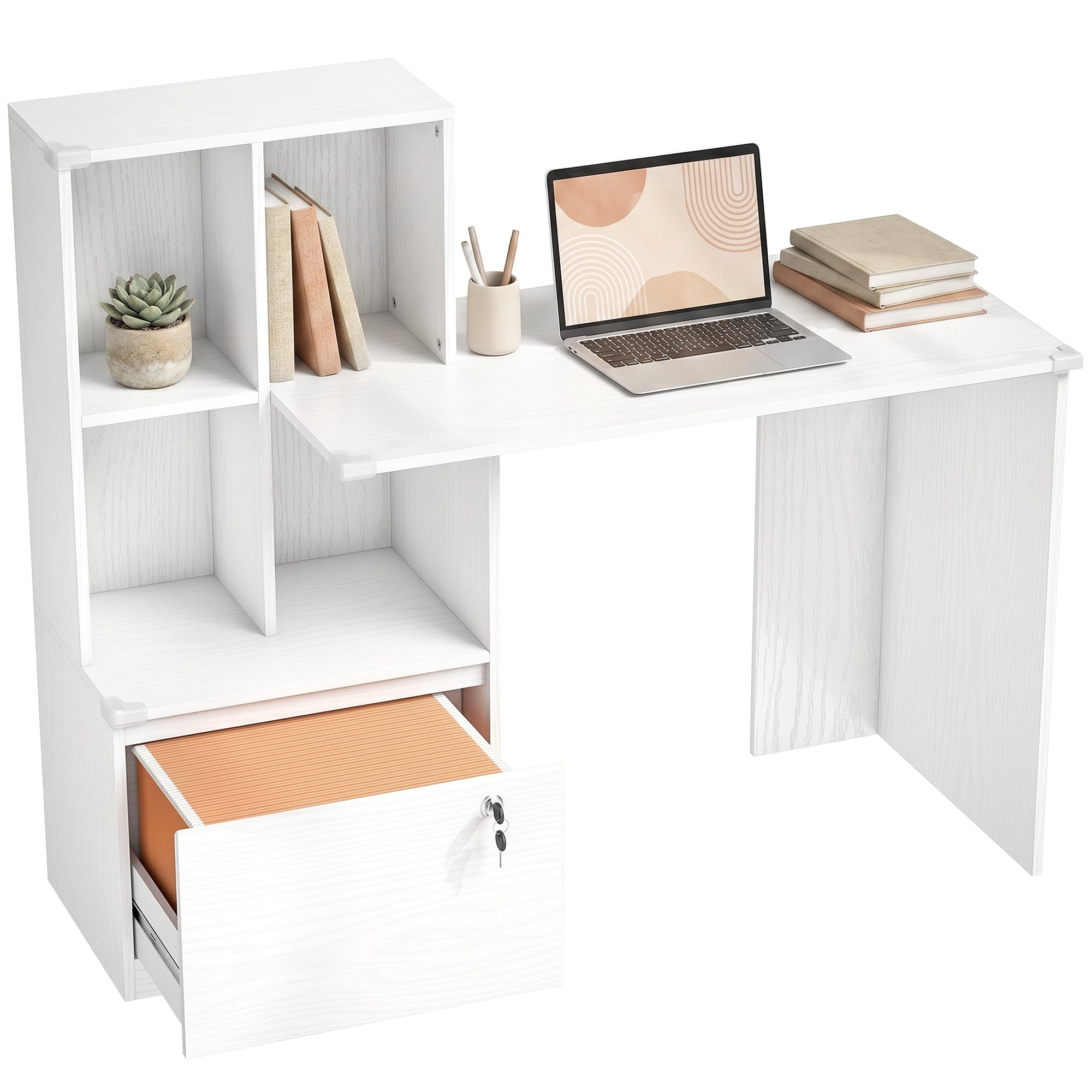 Bureau d'ordinateur avec bibliothèque 4 compartiments et tiroir verrouillable à dossiers, patins anti-collision, table informatique pour chambre salle d'étude, 126x50x109cm, grain de bois blanc