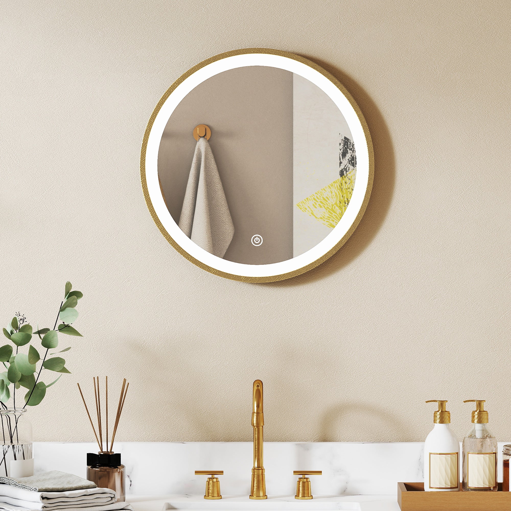 Miroir salle de bain avec éclairage LED rond 40 cm, miroir lumineux mural à 3 températures de couleur, luminosité réglable, interrupteur tactile, doré