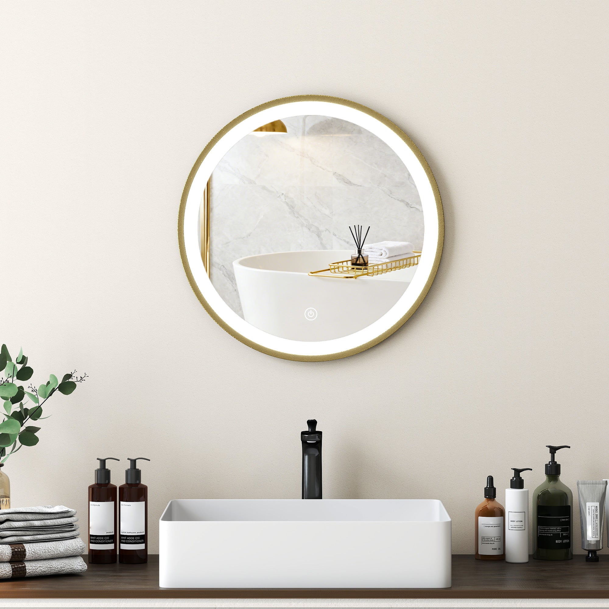 Miroir salle de bain avec éclairage LED rond 40 cm, miroir lumineux mural à 3 températures de couleur, luminosité réglable, interrupteur tactile, doré