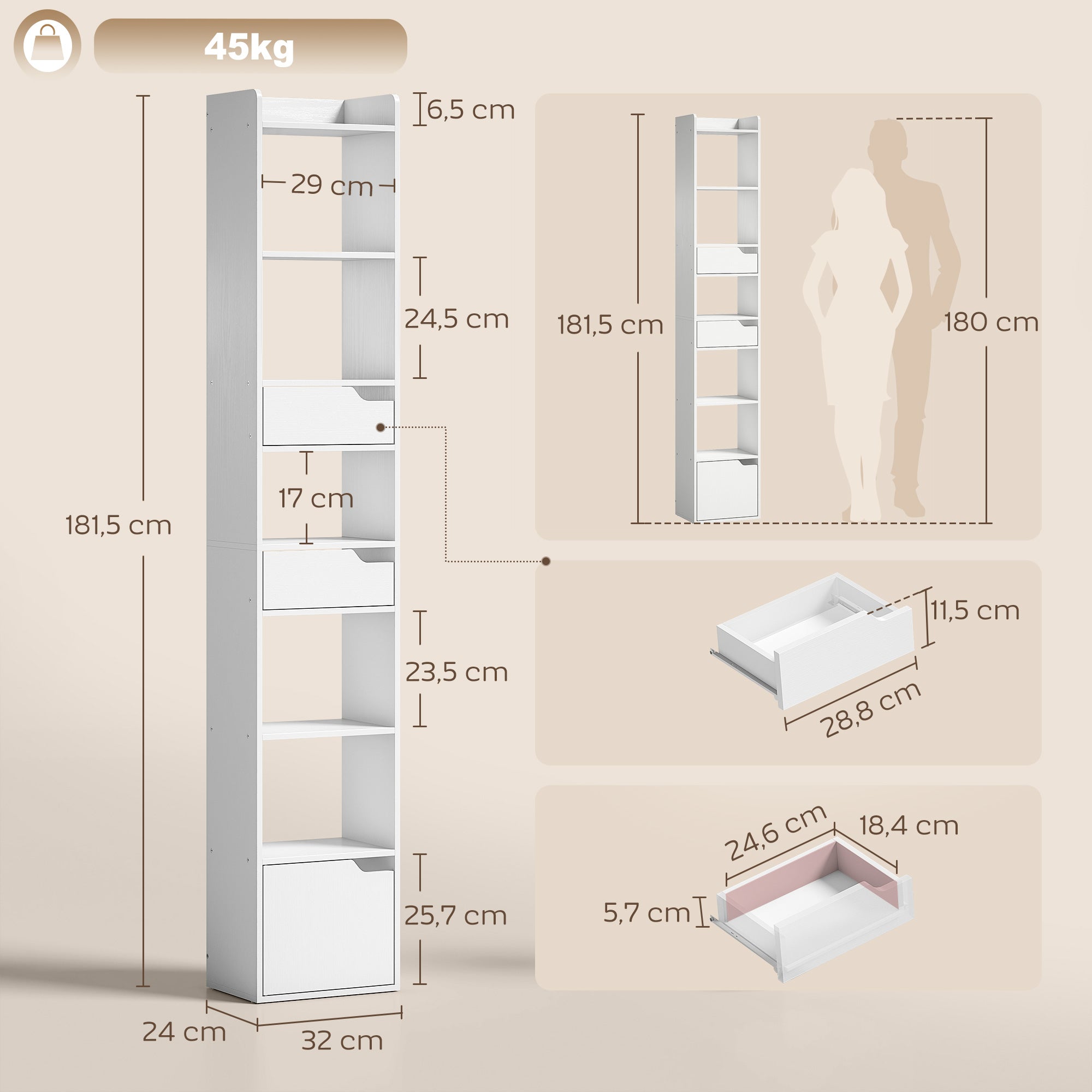 Bibliothèque étagère de rangement, étagère à livres étroite 32 x 24 x 181,5 cm avec porte, 2 tiroirs, compartiments ouverts, meuble de rangement pour salon, chambre, bureau, blanc
