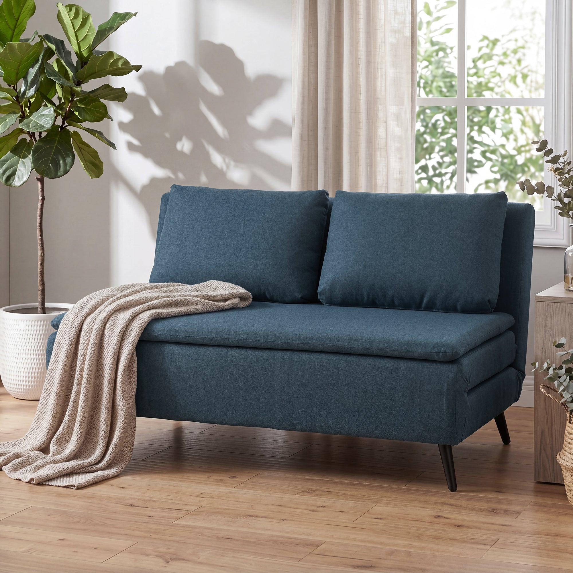 Canapé Convertible 2 Places, 135 x 188 cm, Canapé-Lit Clic-Clac 3 en 1 avec Dossier Réglable, Oreillers, Assise Large, Ressorts en S, Rembourré en Lin, pour Invités, Salon, Bureau, Bleu