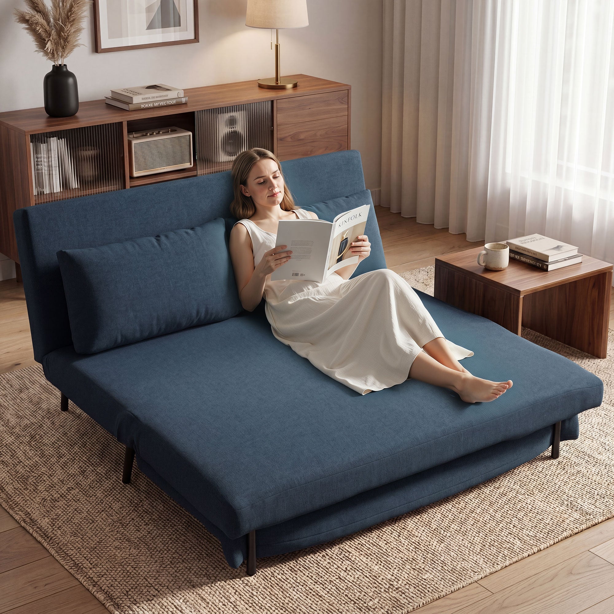 Canapé Convertible 2 Places, 135 x 188 cm, Canapé-Lit Clic-Clac 3 en 1 avec Dossier Réglable, Oreillers, Assise Large, Ressorts en S, Rembourré en Lin, pour Invités, Salon, Bureau, Bleu