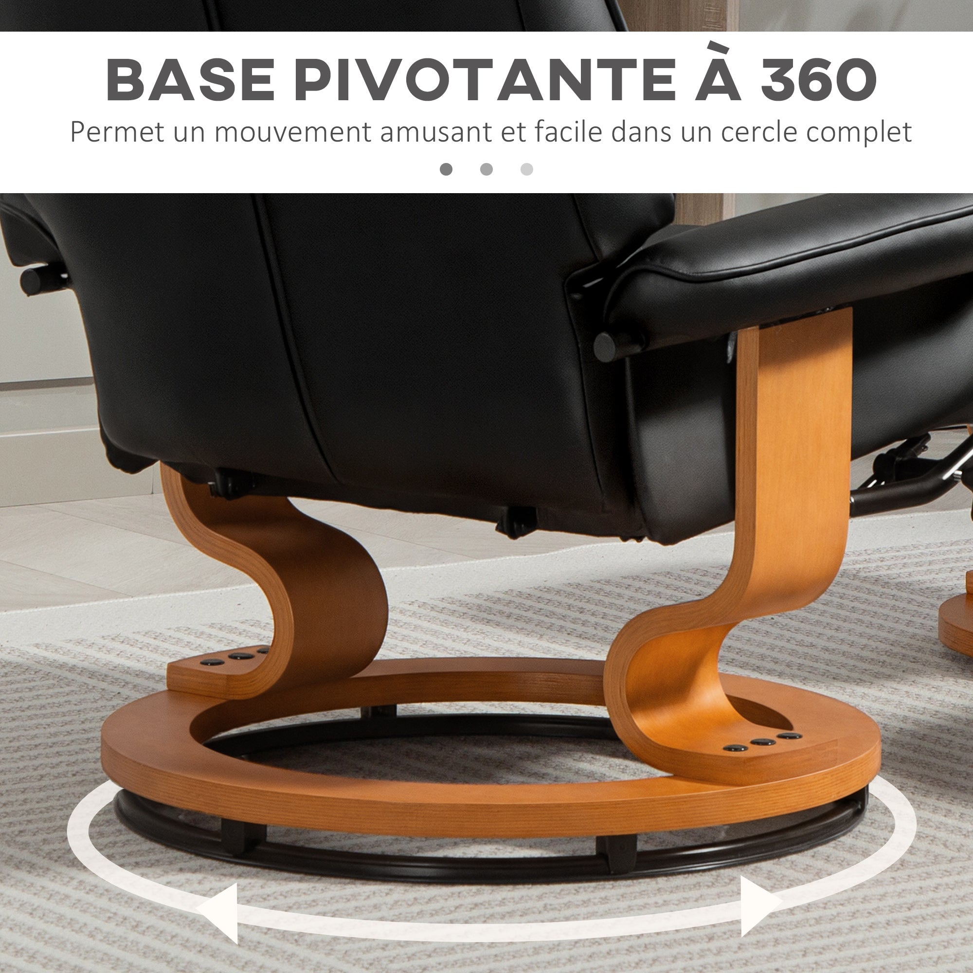 Fauteuil de relaxation inclinable avec repose-pied fauteuil relax de salon pivotant, cadre en bois revêtement synthétique 76 x 85 x 104 cm noir