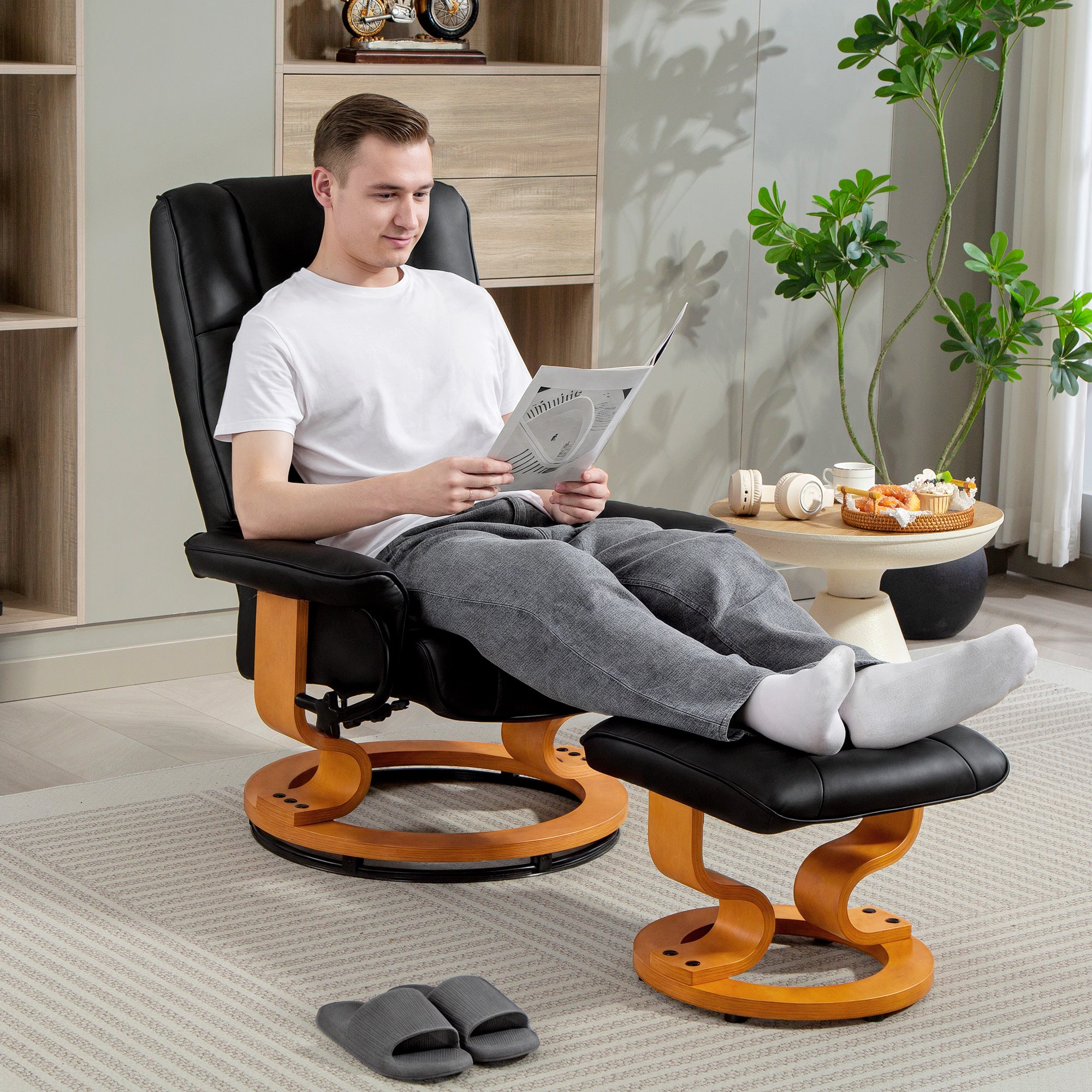 Fauteuil de relaxation inclinable avec repose-pied fauteuil relax de salon pivotant, cadre en bois revêtement synthétique 76 x 85 x 104 cm noir