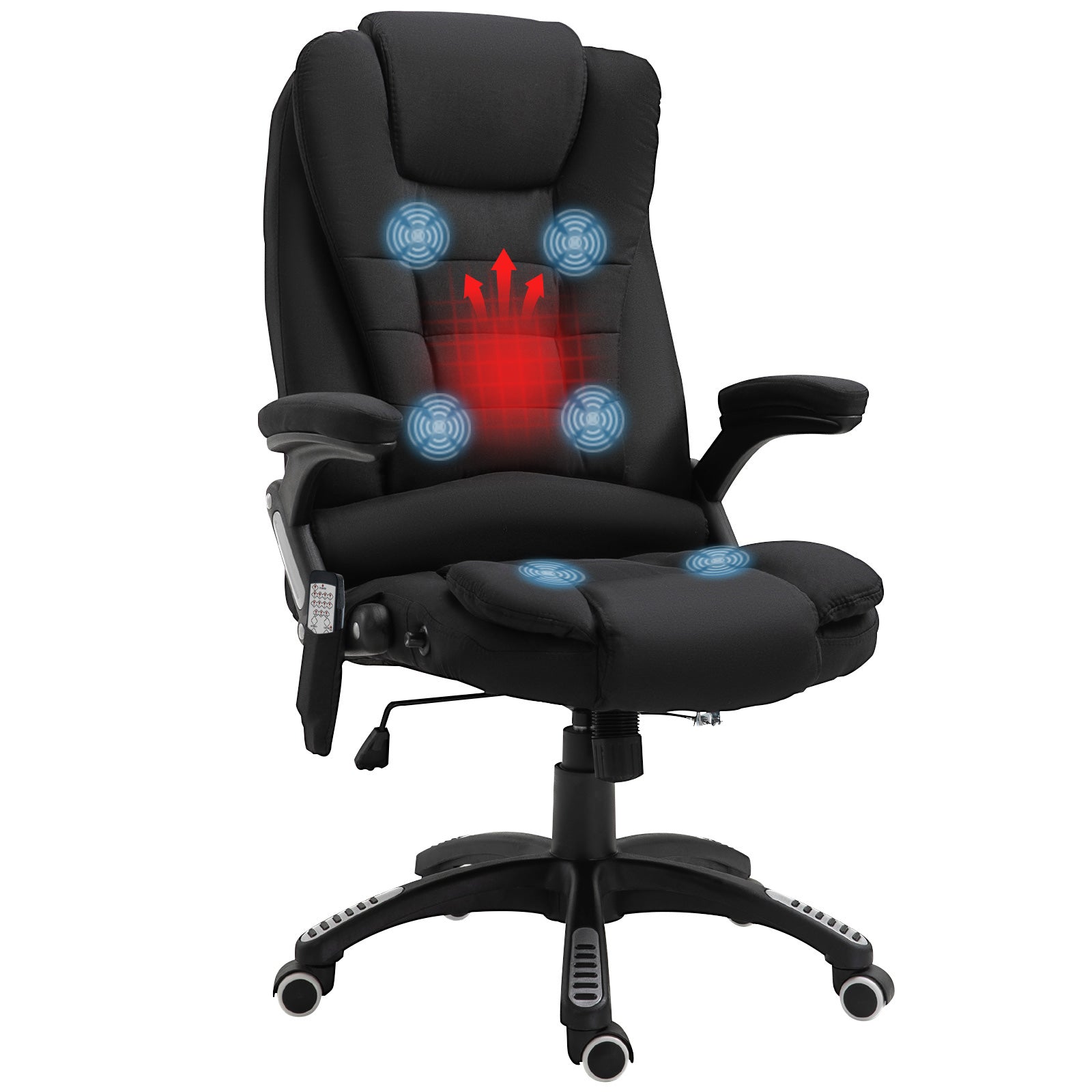 Fauteuil de bureau massant et chauffant, chaise de bureau, chaise ergonomique avec hauteur réglable, dossier inclinable et télécommande filaire, pivotant à 360° tissu en polyester noir