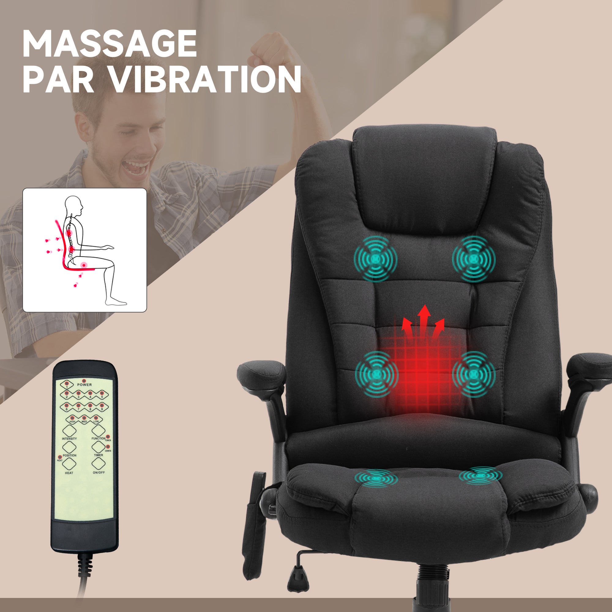 Fauteuil de bureau massant et chauffant, chaise de bureau, chaise ergonomique avec hauteur réglable, dossier inclinable et télécommande filaire, pivotant à 360° tissu en polyester noir
