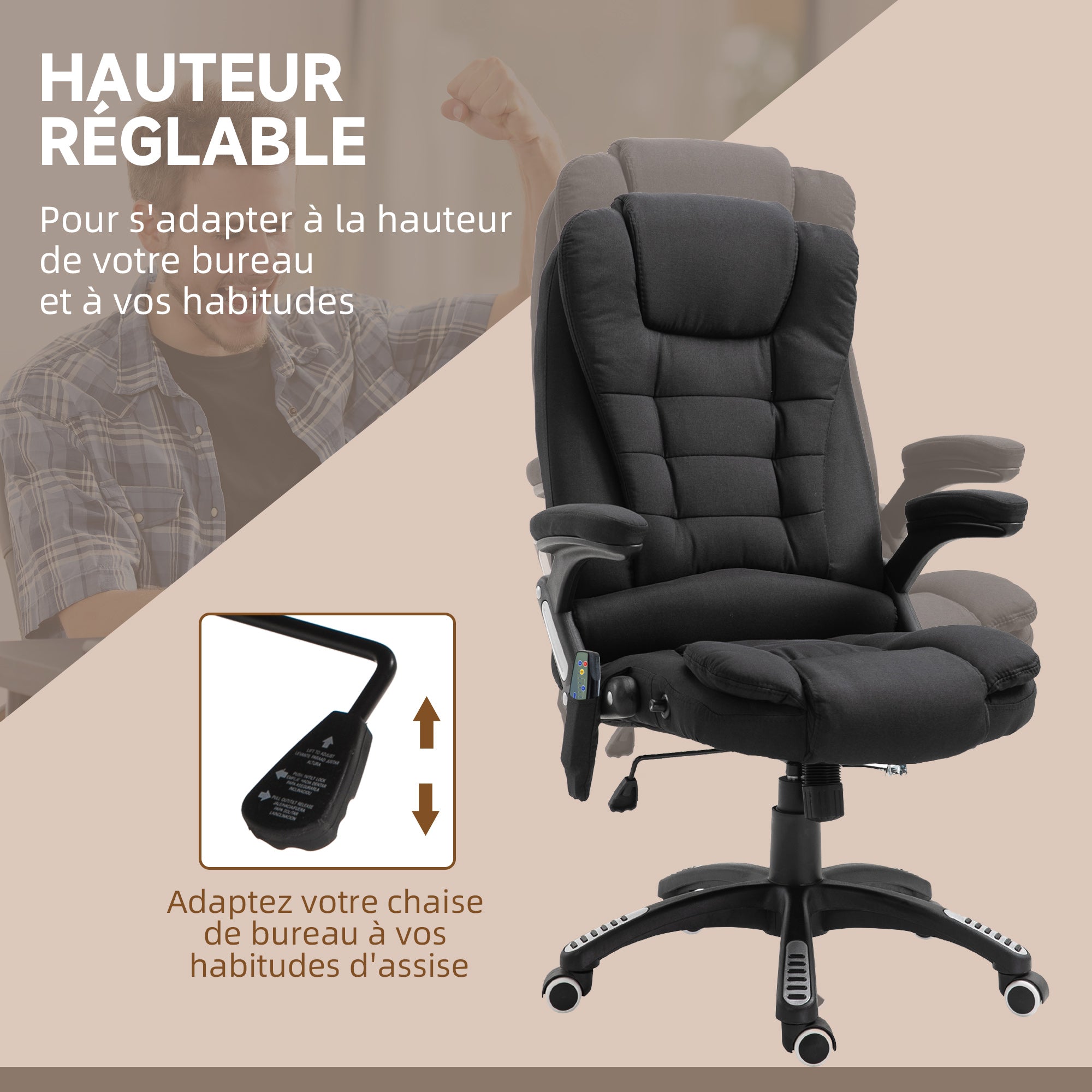 Fauteuil de bureau massant et chauffant, chaise de bureau, chaise ergonomique avec hauteur réglable, dossier inclinable et télécommande filaire, pivotant à 360° tissu en polyester noir