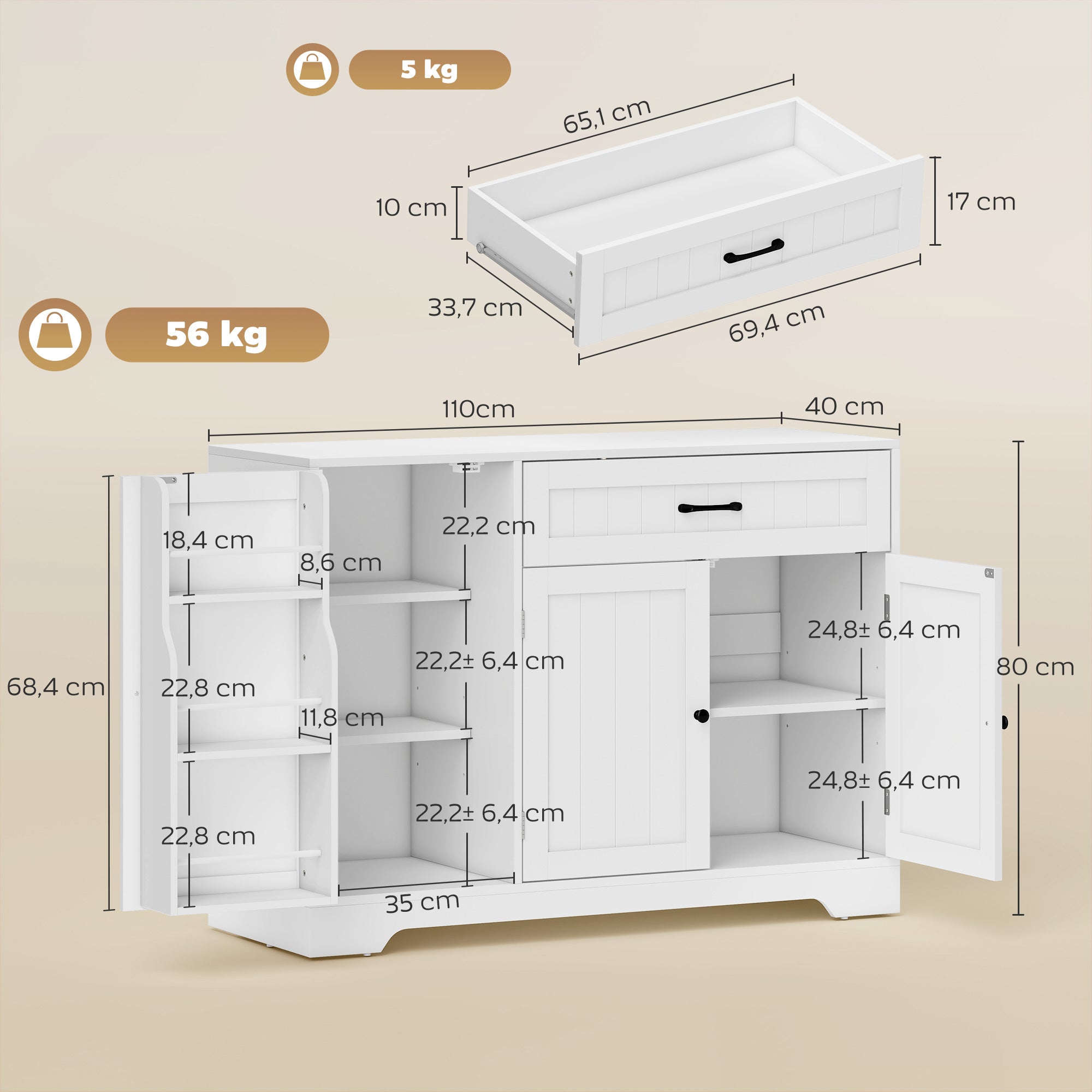 Buffet Cuisine, Meuble de Rangement avec Tiroir, 3 Portes à Fermeture Douce, Racks-Porte et Étagères Réglables, Meuble TV Jusqu'à 55 Pouces, pour Salon et Salle à Manger, 110x40x80cm, Blanc