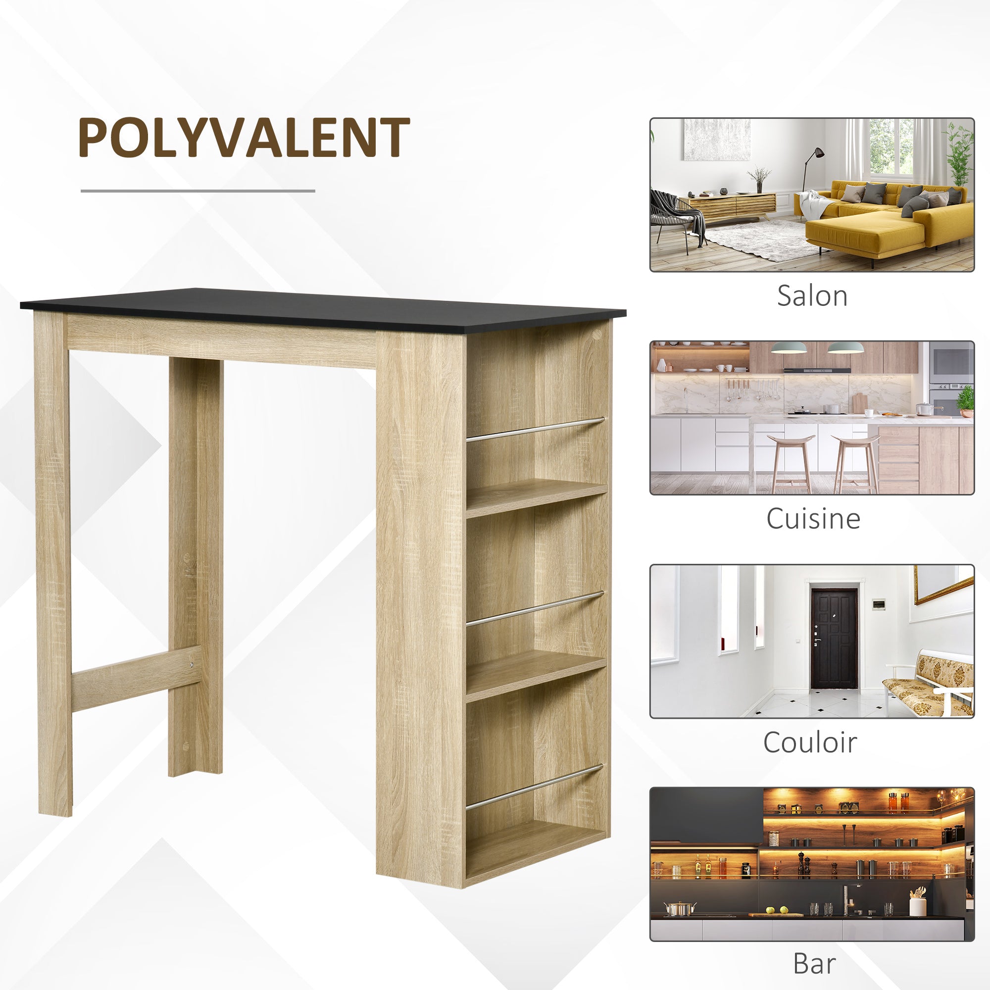 Table de bar table haute de cuisine mange-debout comptoir - dim. 112L x 57l x 106H cm - 3 étagères - aspect chêne clair noir