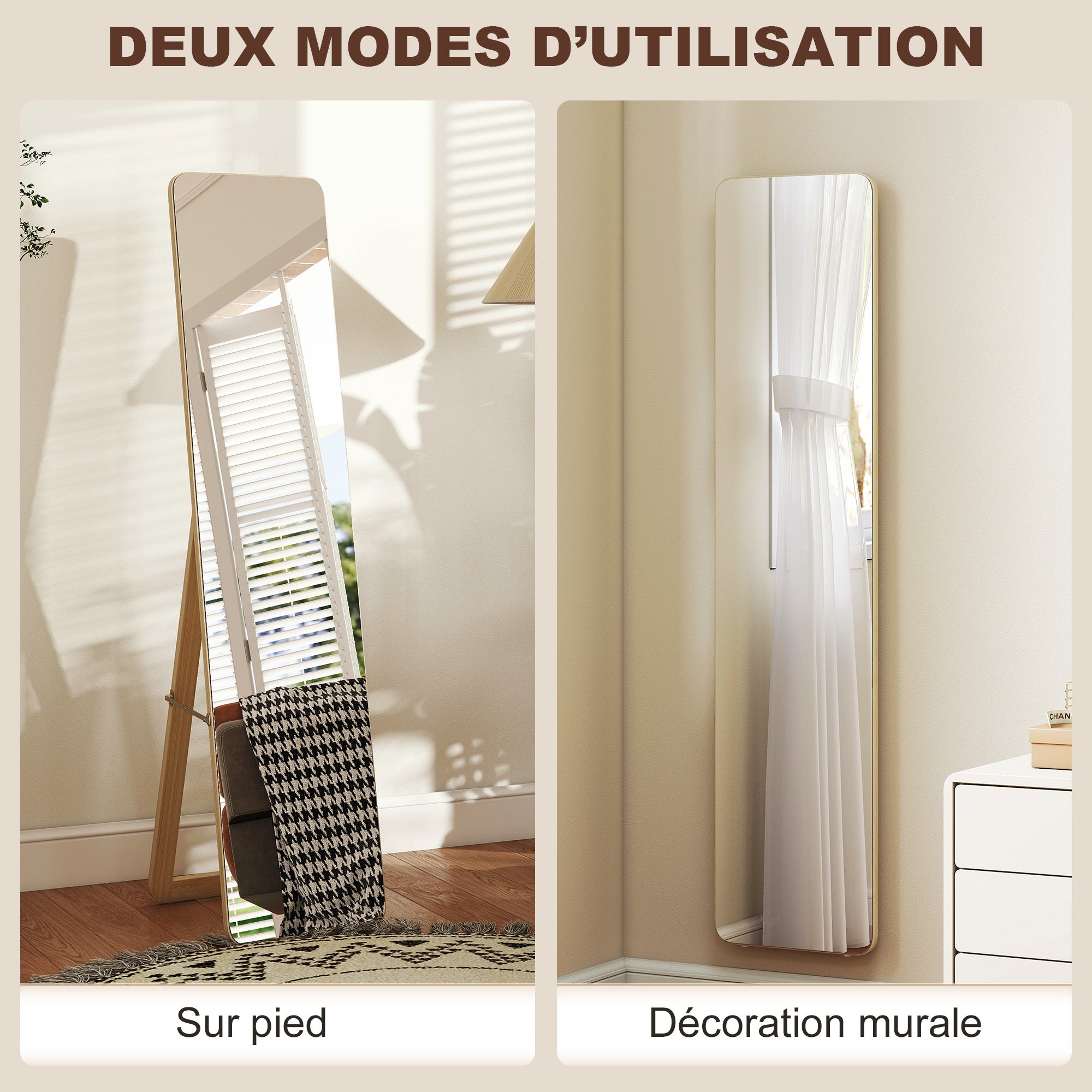 Grand miroir pleine longueur rectangulaire, 37 x 160 cm - miroir sur pied ou mural - pour chambre à coucher, salon et dressing, bois naturel